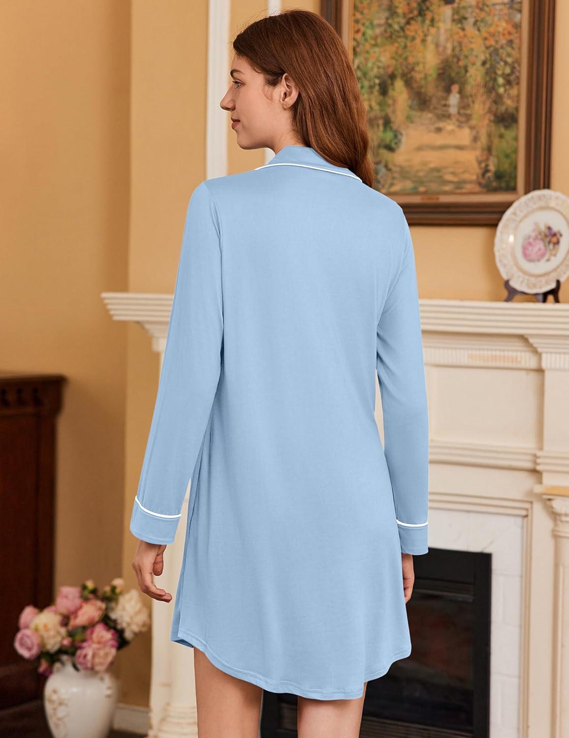 imageEkouaer Nightgowns for Women Long Sleeve Nightshirt Button Down Sleepshirt Nightdress Boyfriend Sleepwear SXXXLLight Blue