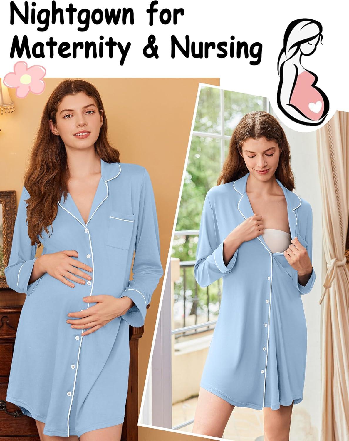 imageEkouaer Nightgowns for Women Long Sleeve Nightshirt Button Down Sleepshirt Nightdress Boyfriend Sleepwear SXXXLLight Blue
