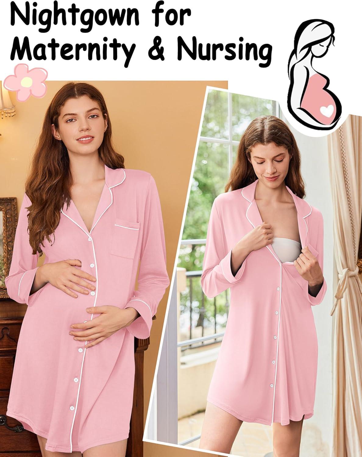 imageEkouaer Nightgowns for Women Long Sleeve Nightshirt Button Down Sleepshirt Nightdress Boyfriend Sleepwear SXXXLLight Pink