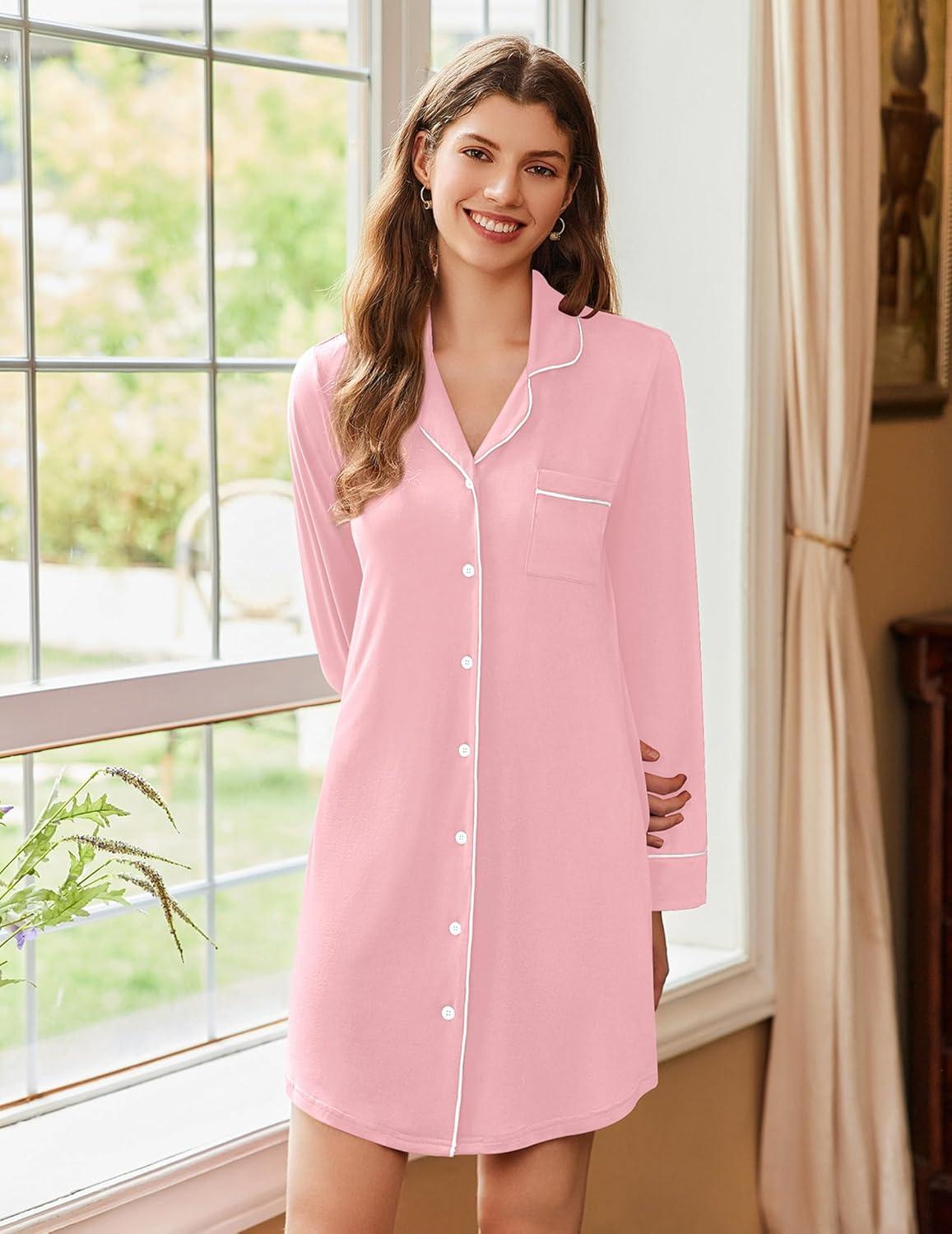 imageEkouaer Nightgowns for Women Long Sleeve Nightshirt Button Down Sleepshirt Nightdress Boyfriend Sleepwear SXXXLLight Pink