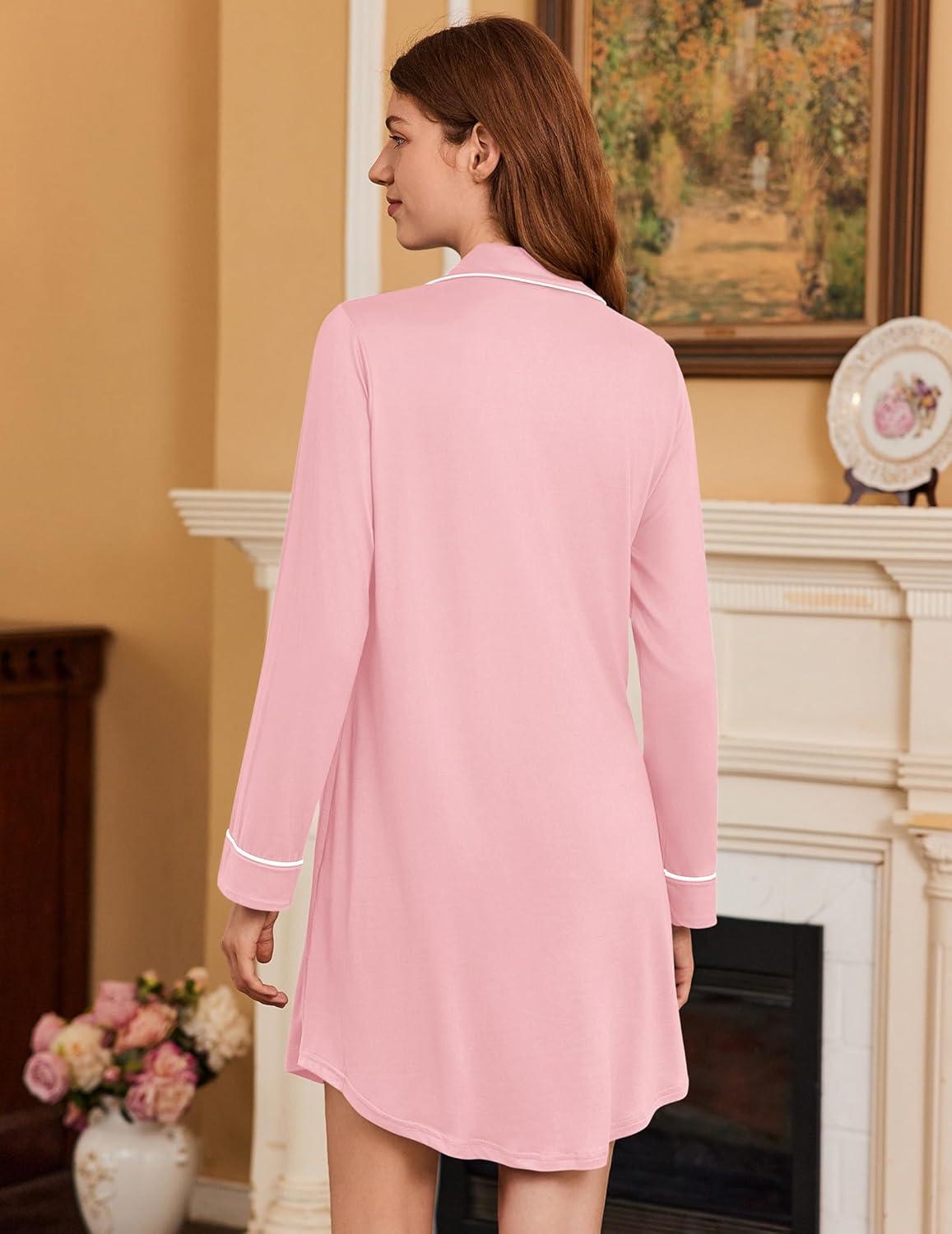 imageEkouaer Nightgowns for Women Long Sleeve Nightshirt Button Down Sleepshirt Nightdress Boyfriend Sleepwear SXXXLLight Pink