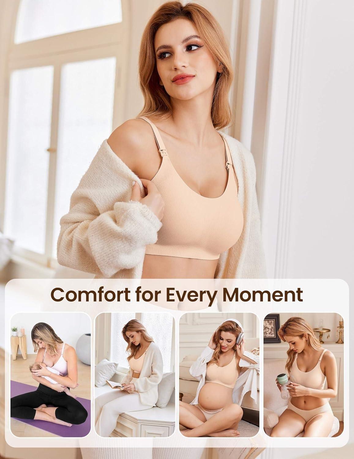 imageEkouaer Nursing Bras for Breastfeeding Ribbed Seamless Ultra Comfort Maternity Bralette Wireless Pregnancy Sleep BraCreamBeige