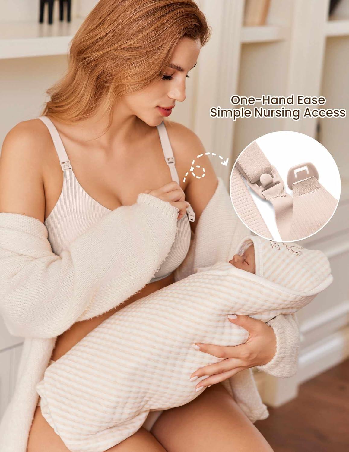 imageEkouaer Nursing Bras for Breastfeeding Ribbed Seamless Ultra Comfort Maternity Bralette Wireless Pregnancy Sleep BraCreamBeige