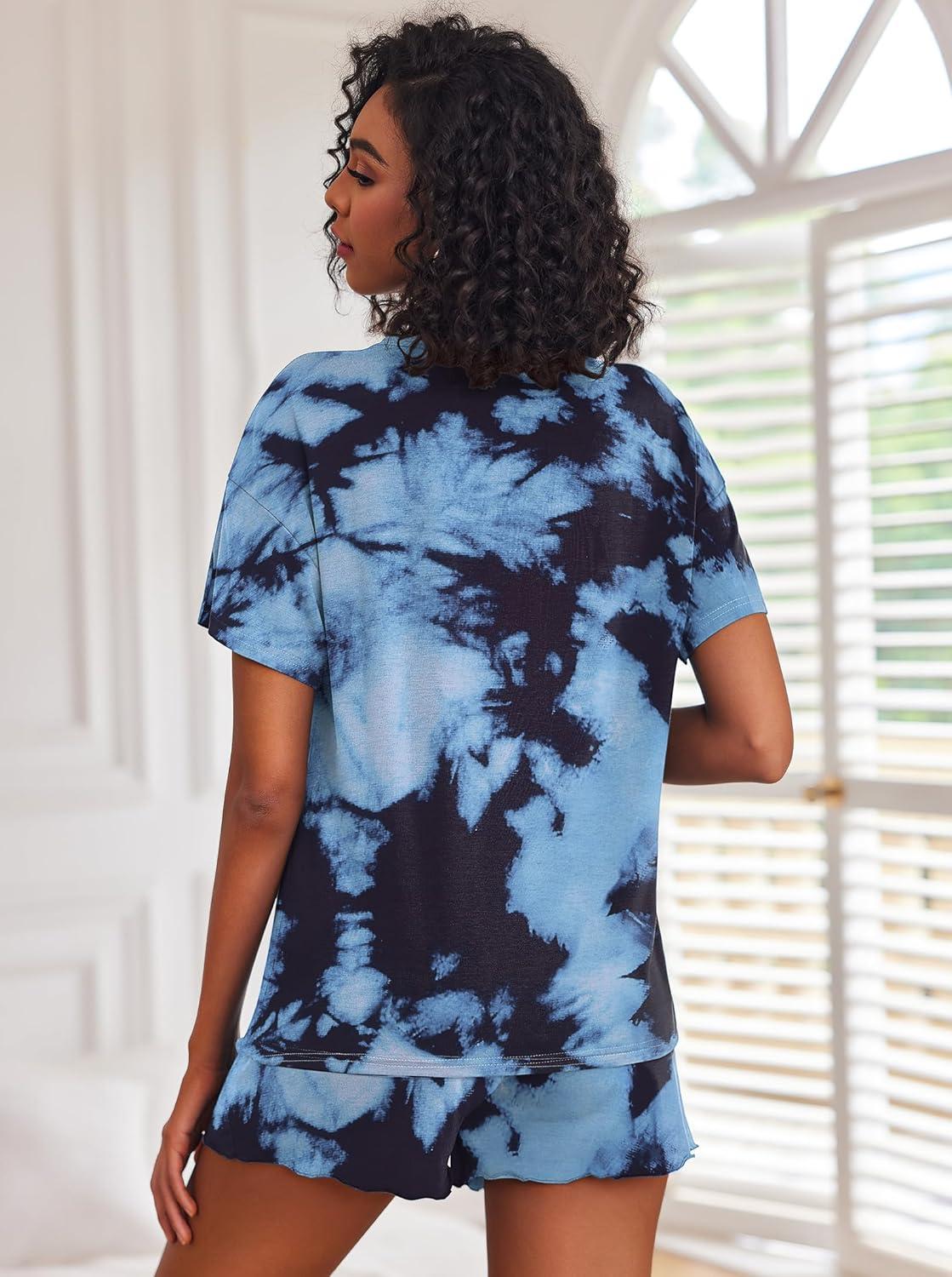 imageEkouaer Pajamas Set for Women Short Sleeve Lounge Set 2 Piece Loungewear PJs Soft Cute Lightweight SleepwearTie Dye Black Blue Dark