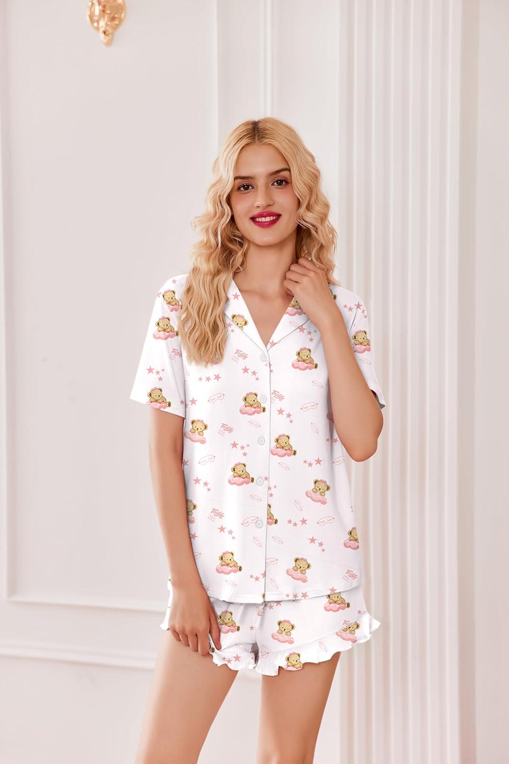 imageEkouaer Pajamas Set for Women Short Sleeve Sleepwear Button Down Pjs Lounge Sets Soft NightwearTeddy Bearwhite