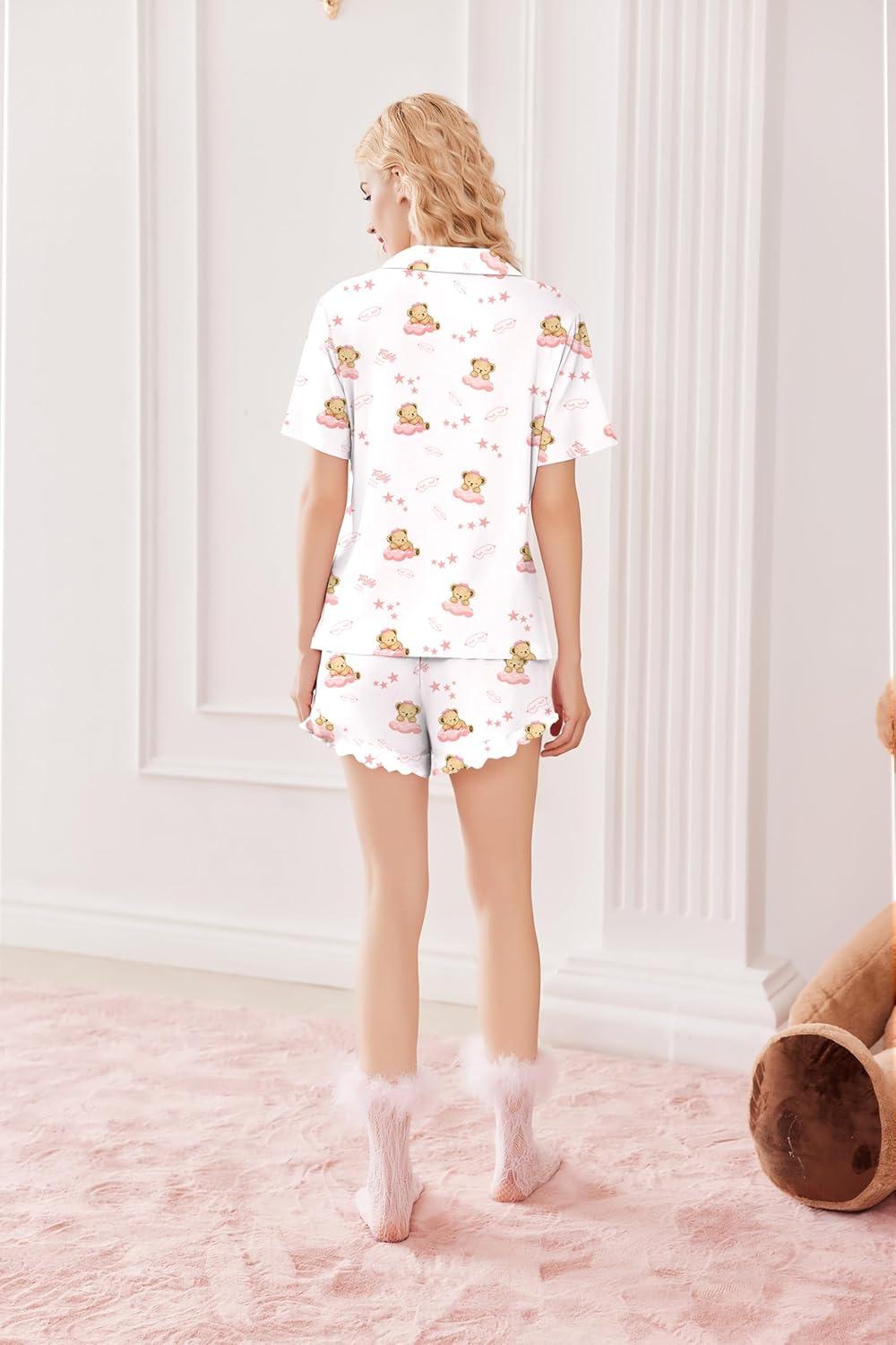 imageEkouaer Pajamas Set for Women Short Sleeve Sleepwear Button Down Pjs Lounge Sets Soft NightwearTeddy Bearwhite