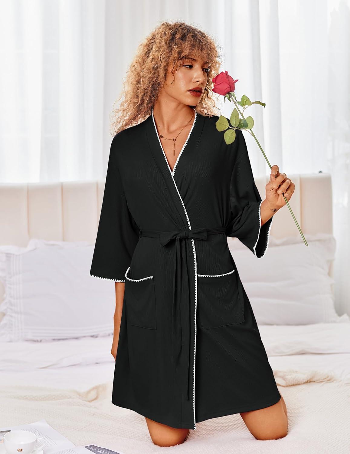 imageEkouaer Robes for Women Ribbed Knit Bathrobe Soft Lightweight Knee Length Kimono Robe Ladies Sleepwear with Pockets SXXLBlack