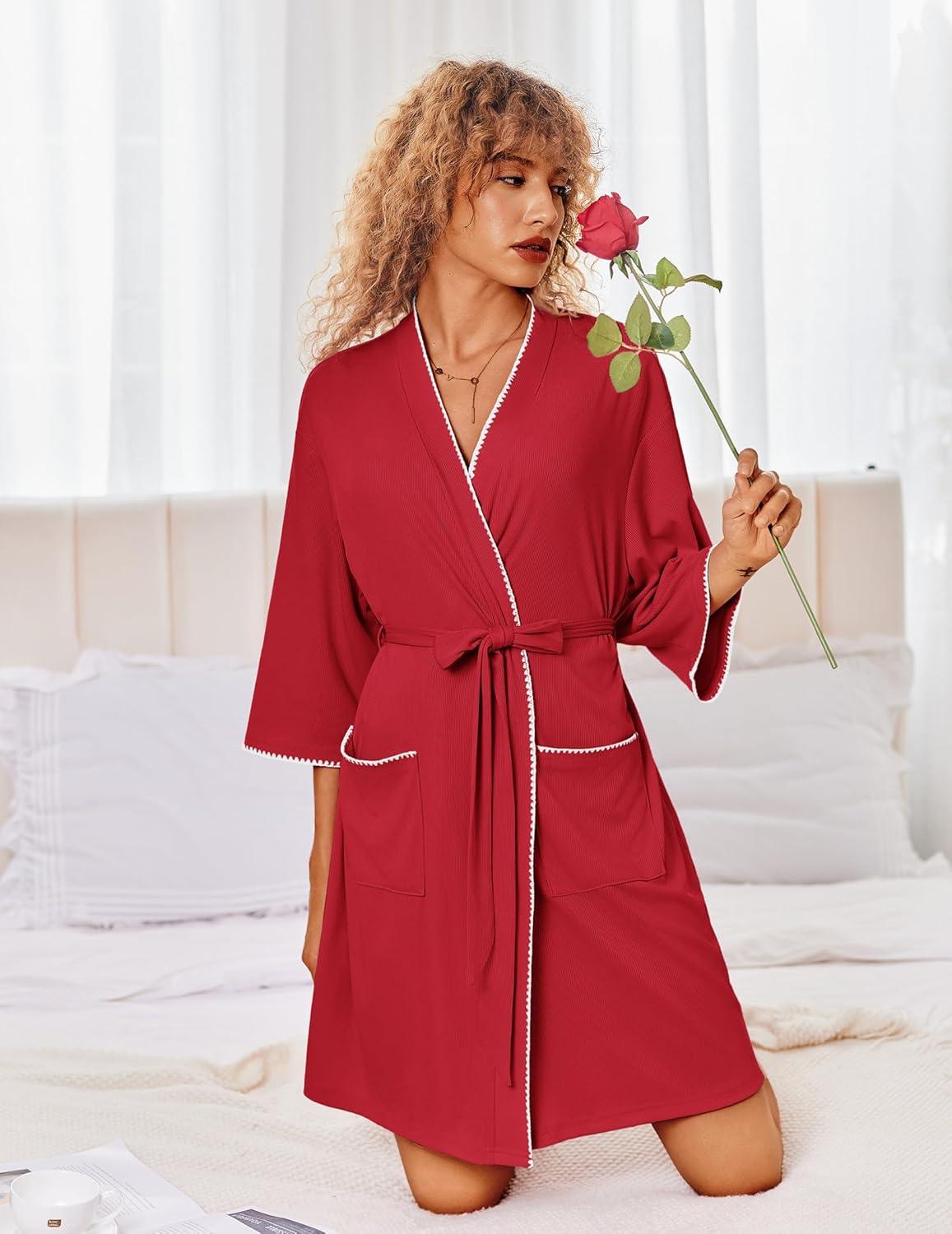 imageEkouaer Robes for Women Ribbed Knit Bathrobe Soft Lightweight Knee Length Kimono Robe Ladies Sleepwear with Pockets SXXLRed