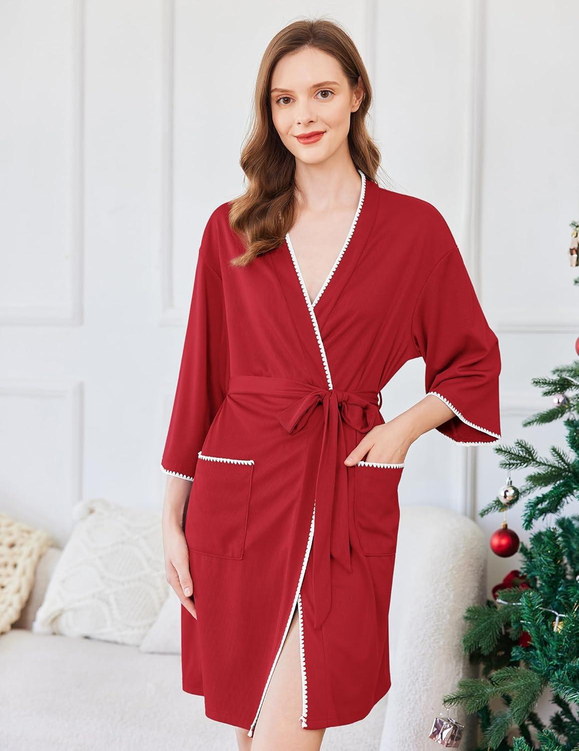 imageEkouaer Robes for Women Ribbed Knit Bathrobe Soft Lightweight Knee Length Kimono Robe Ladies Sleepwear with Pockets SXXLRed