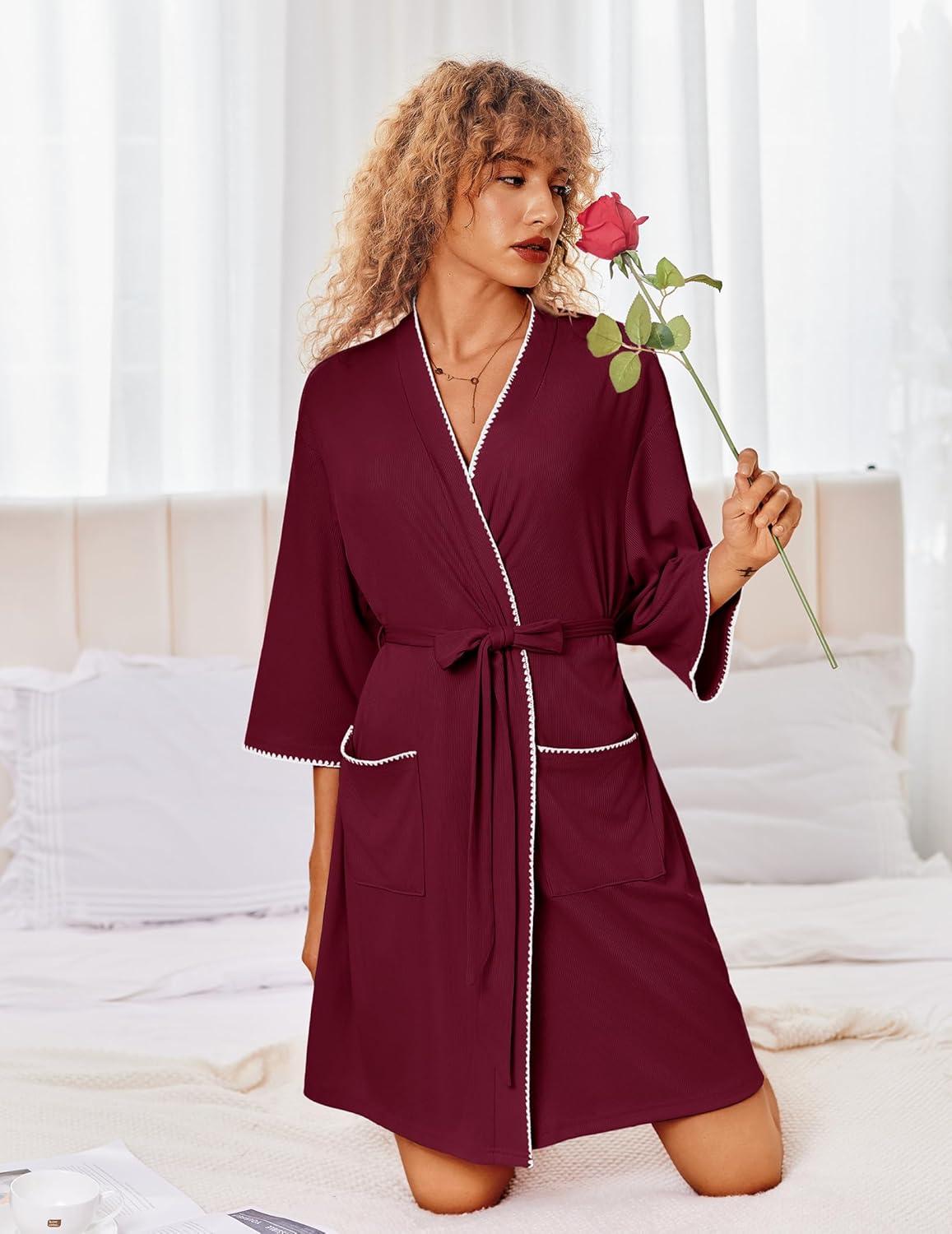 imageEkouaer Robes for Women Ribbed Knit Bathrobe Soft Lightweight Knee Length Kimono Robe Ladies Sleepwear with Pockets SXXLWine Red