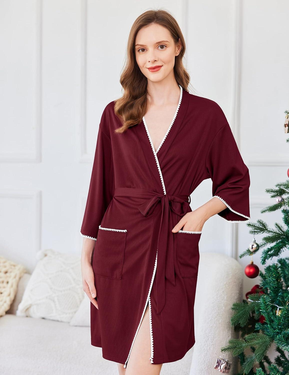 imageEkouaer Robes for Women Ribbed Knit Bathrobe Soft Lightweight Knee Length Kimono Robe Ladies Sleepwear with Pockets SXXLWine Red