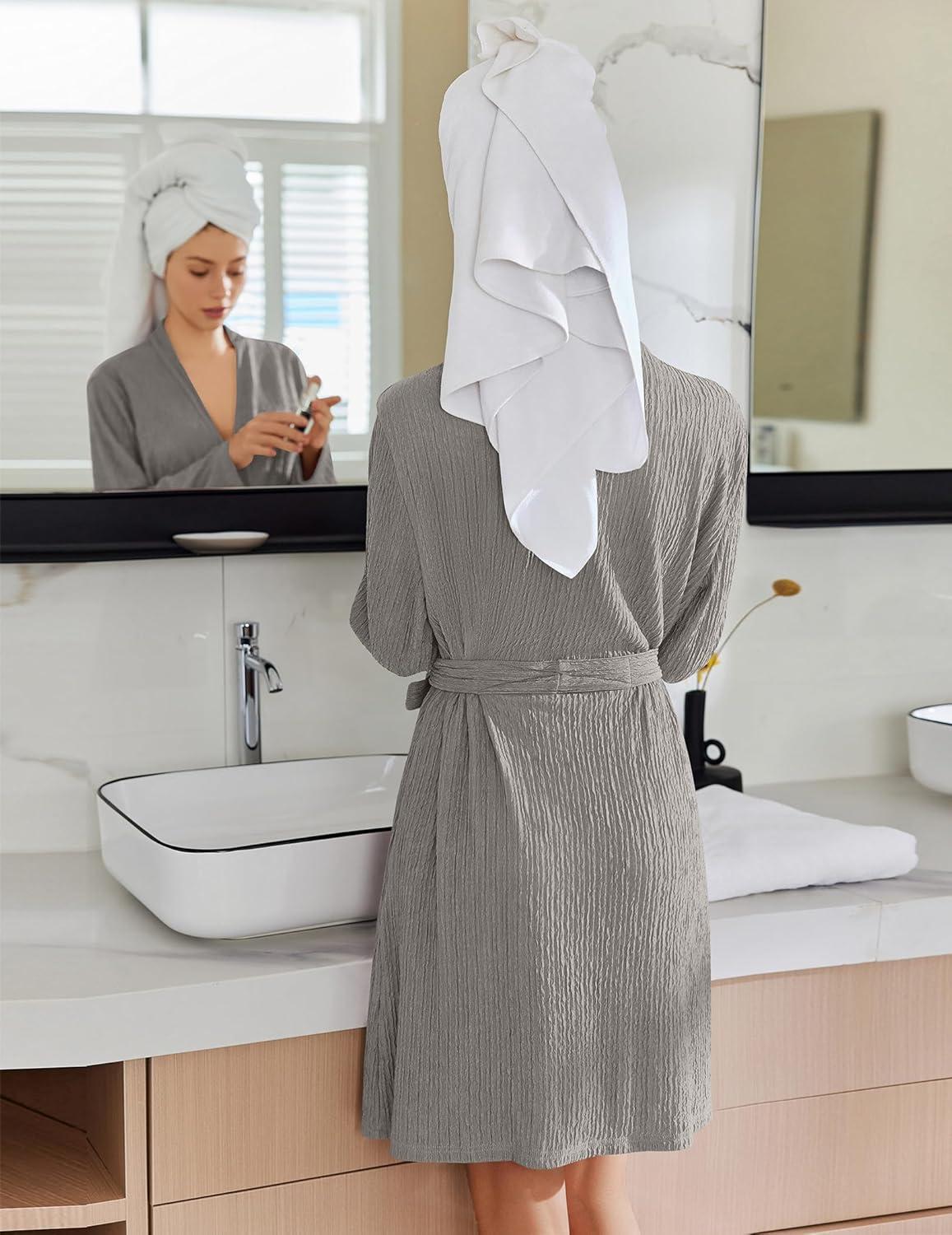 imageEkouaer Robes for Women Short Knit Bathrobe Lightweight Kimono Robe Knee Length Loungewear SXXLLight Grey