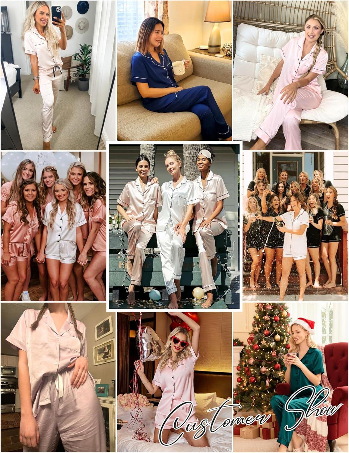imageEkouaer Silk Pajamas for Women Set Satin Pjs Soft Short Sleeve Button Down Sleepwear 3 Piece Loungewear SXXLApink