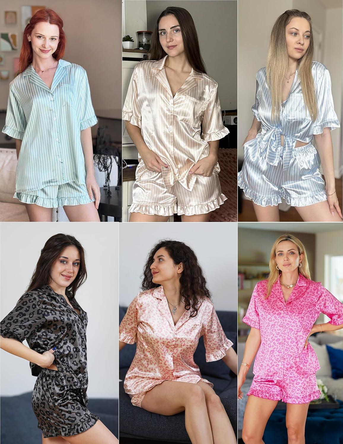 imageEkouaer Silk Satin Pajamas for Women Print 2 Piece Button Down Pjs Shorts Set Ruffle SleepwearLight Blue Leopard