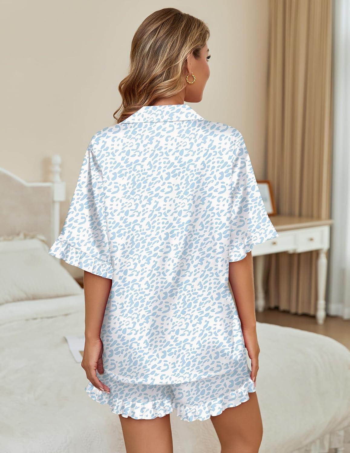 imageEkouaer Silk Satin Pajamas for Women Print 2 Piece Button Down Pjs Shorts Set Ruffle SleepwearLight Blue Leopard