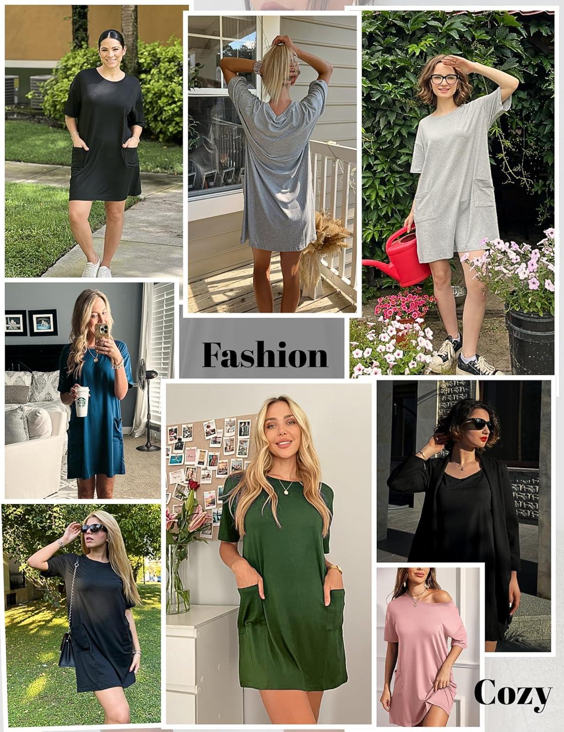 imageEkouaer Sleep Shirts for Women Nightgown Short Sleeves T shirt Night Dress Round Neck Womans Nightgown with Pocket SXXLArmy Green