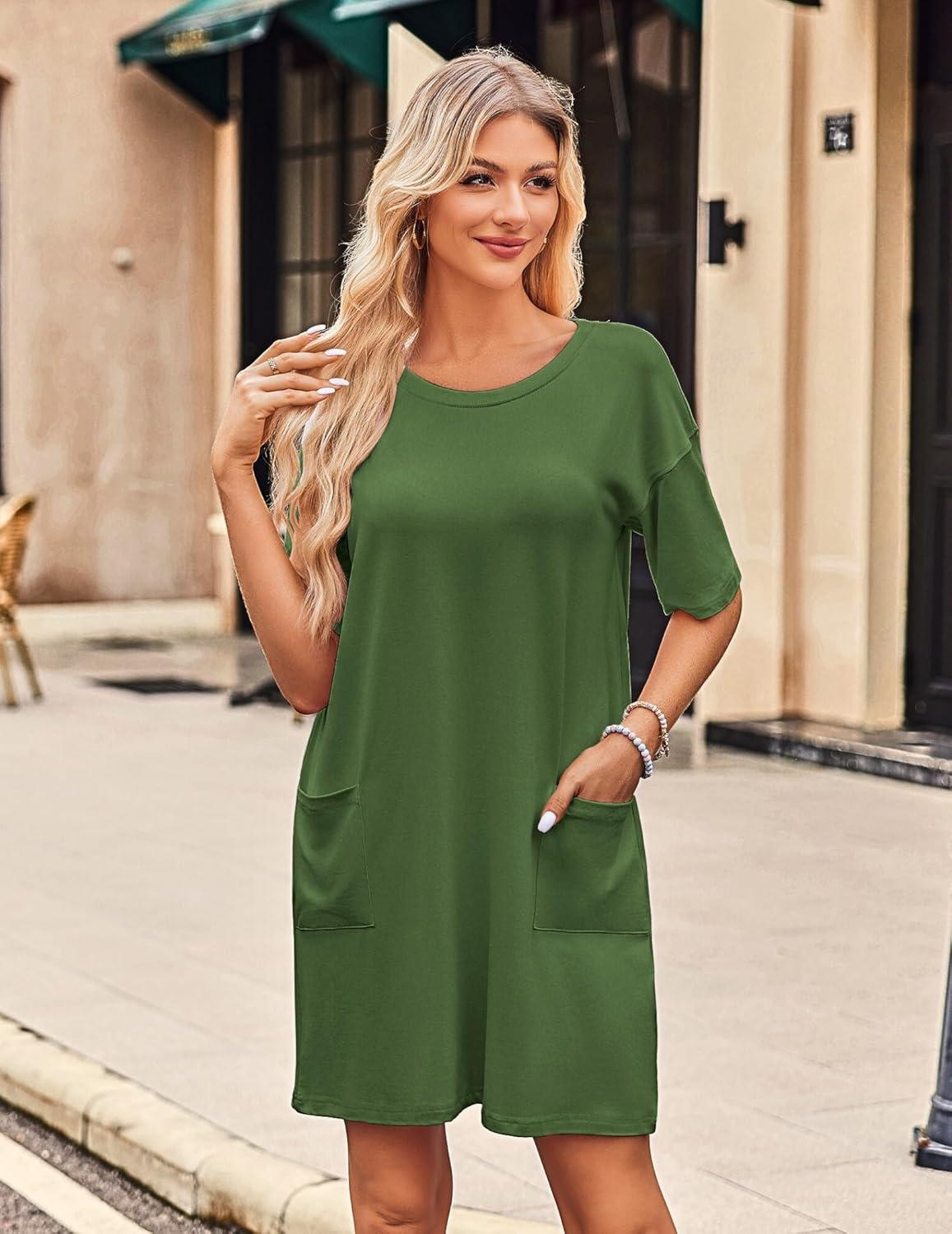 imageEkouaer Sleep Shirts for Women Nightgown Short Sleeves T shirt Night Dress Round Neck Womans Nightgown with Pocket SXXLArmy Green