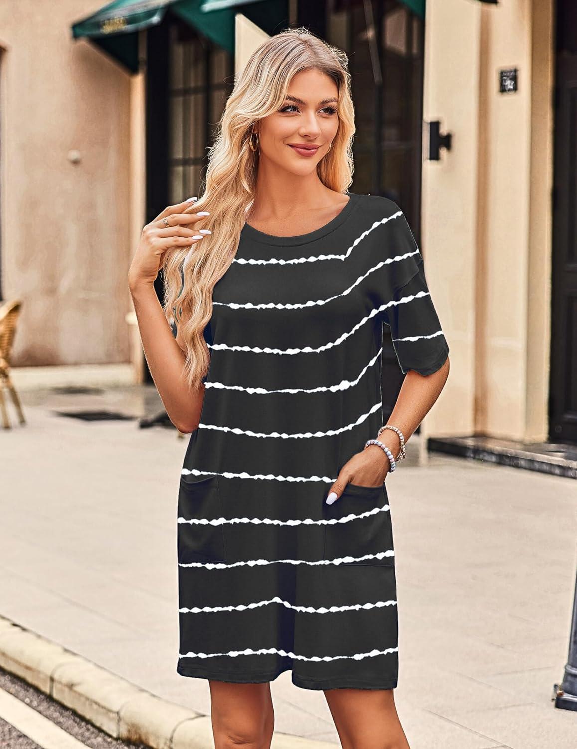 imageEkouaer Sleep Shirts for Women Nightgown Short Sleeves T shirt Night Dress Round Neck Womans Nightgown with Pocket SXXLBlack Stripe