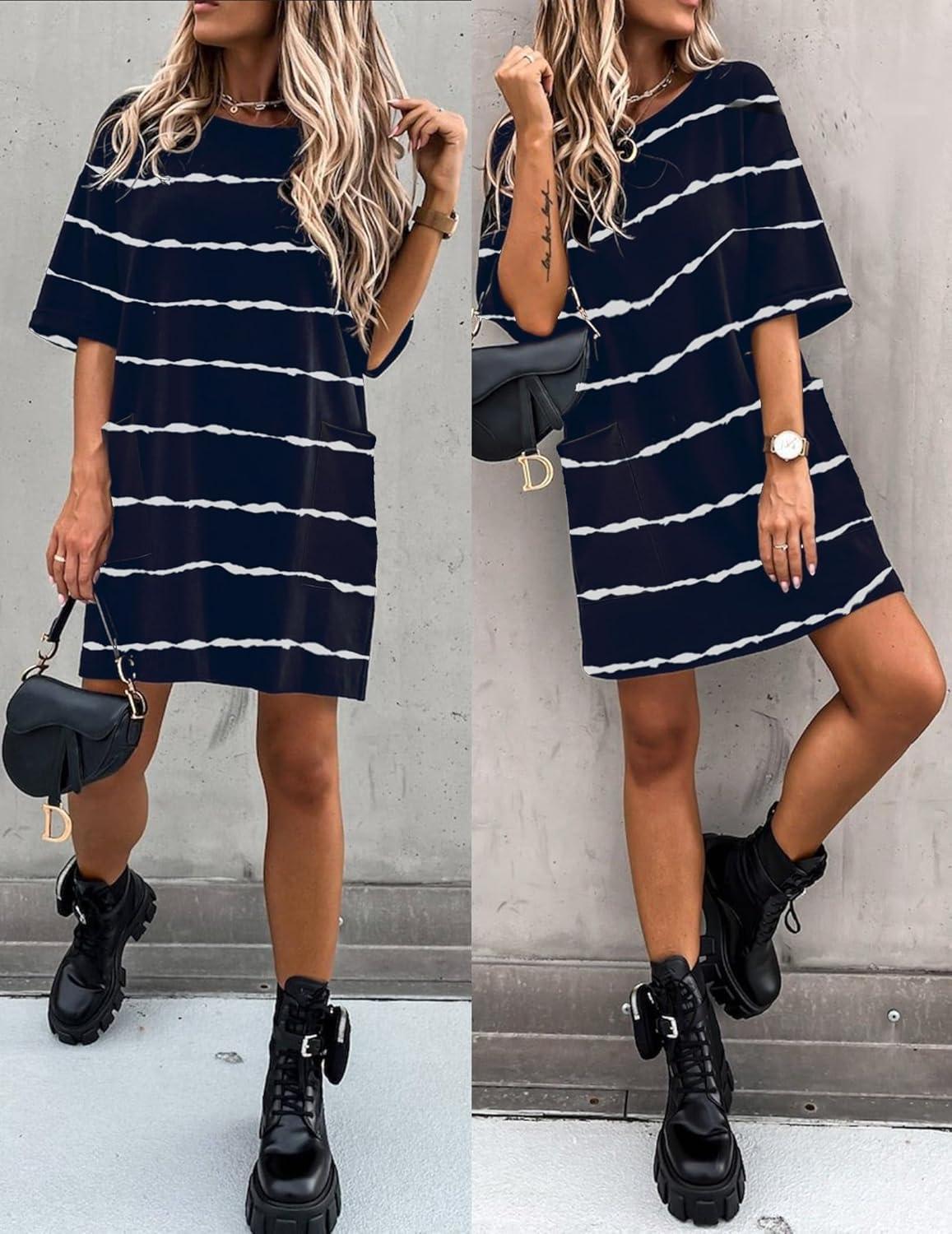 imageEkouaer Sleep Shirts for Women Nightgown Short Sleeves T shirt Night Dress Round Neck Womans Nightgown with Pocket SXXLBlack Stripe
