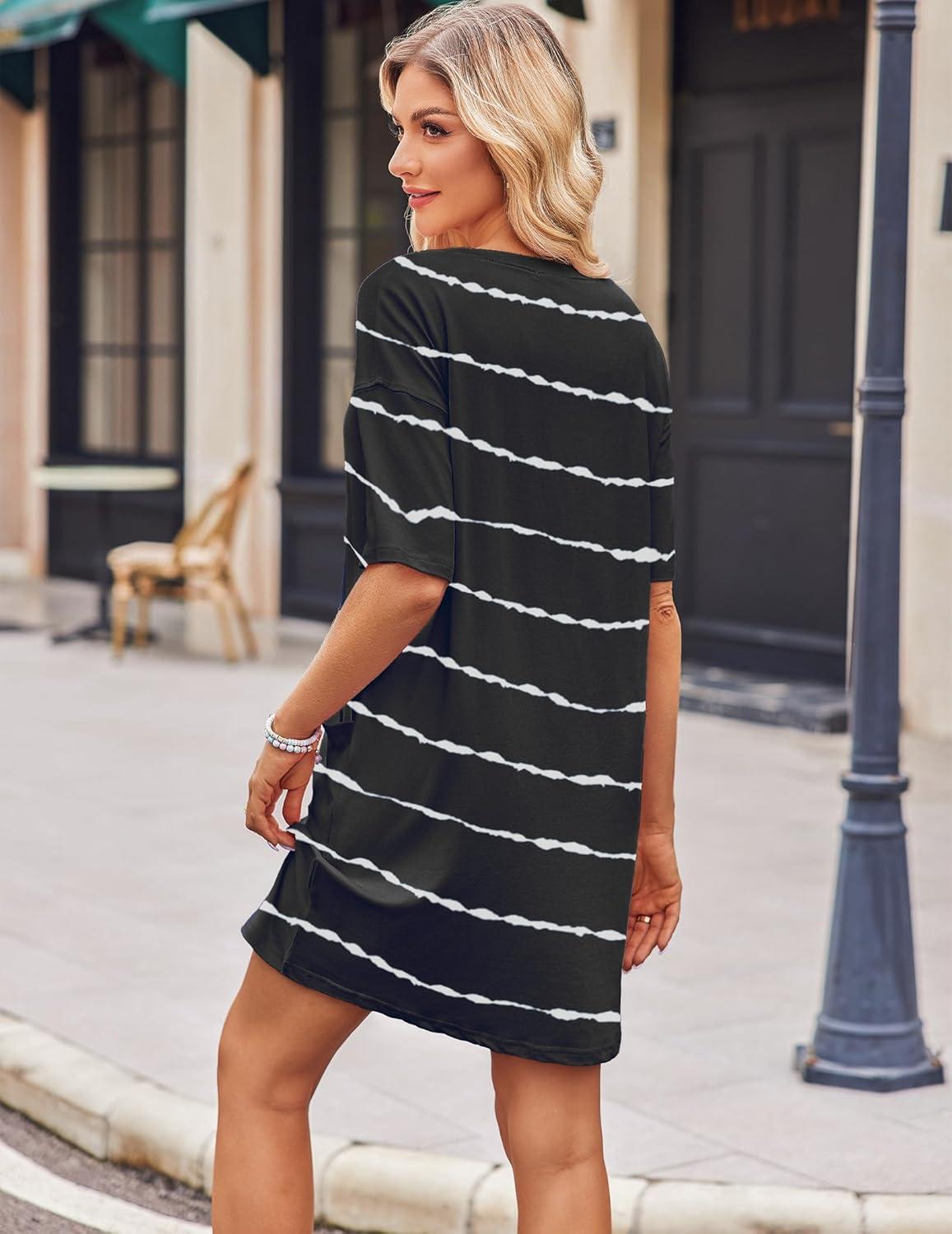imageEkouaer Sleep Shirts for Women Nightgown Short Sleeves T shirt Night Dress Round Neck Womans Nightgown with Pocket SXXLBlack Stripe