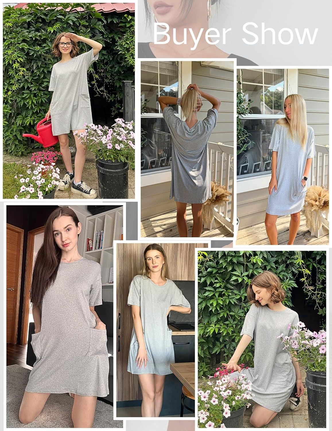 imageEkouaer Sleep Shirts for Women Nightgown Short Sleeves T shirt Night Dress Round Neck Womans Nightgown with Pocket SXXLLight Grey