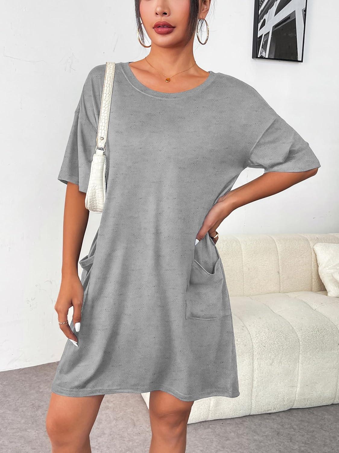 imageEkouaer Sleep Shirts for Women Nightgown Short Sleeves T shirt Night Dress Round Neck Womans Nightgown with Pocket SXXLLight Grey