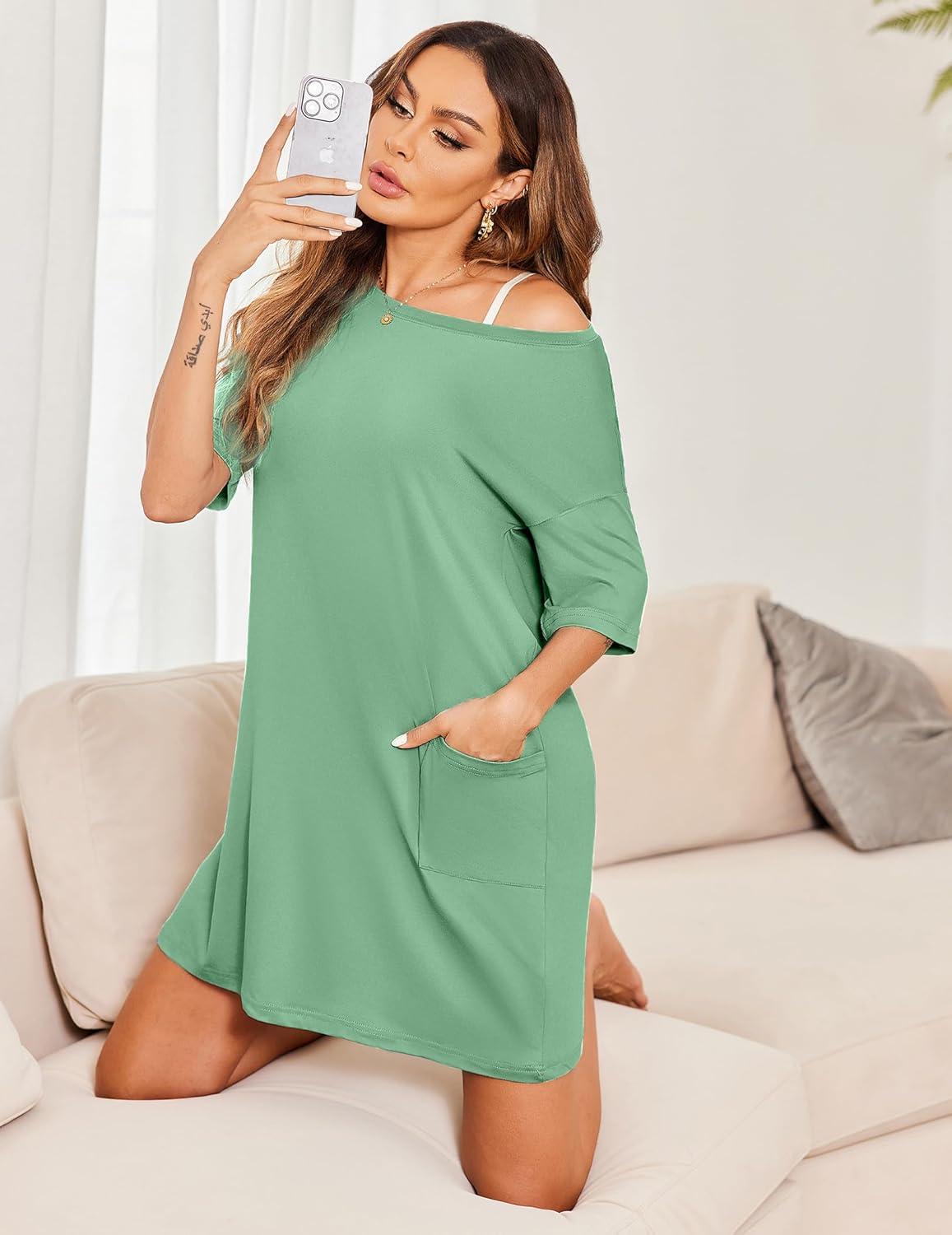 imageEkouaer Sleep Shirts for Women Nightgown Short Sleeves T shirt Night Dress Round Neck Womans Nightgown with Pocket SXXLMint Green