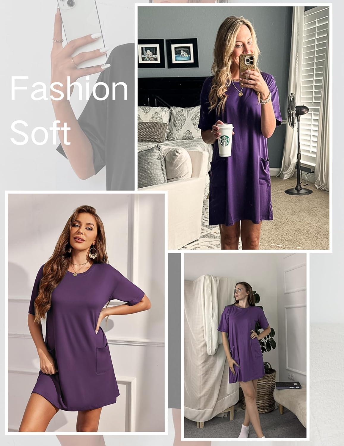 imageEkouaer Sleep Shirts for Women Nightgown Short Sleeves T shirt Night Dress Round Neck Womans Nightgown with Pocket SXXLPurple