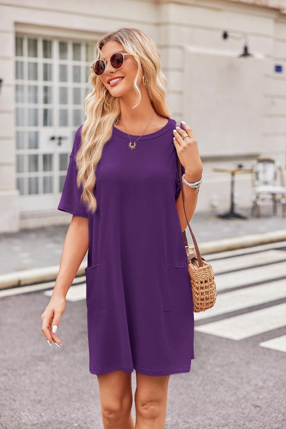 imageEkouaer Sleep Shirts for Women Nightgown Short Sleeves T shirt Night Dress Round Neck Womans Nightgown with Pocket SXXLPurple