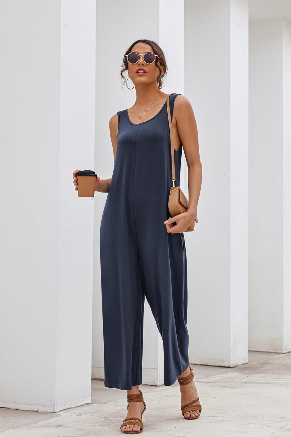 imageEkouaer Sleeveless Jumpsuits for Women Scoop Neck Casual Tank Rompers Wide Leg Pants Overalls with PocketsNavy Blue