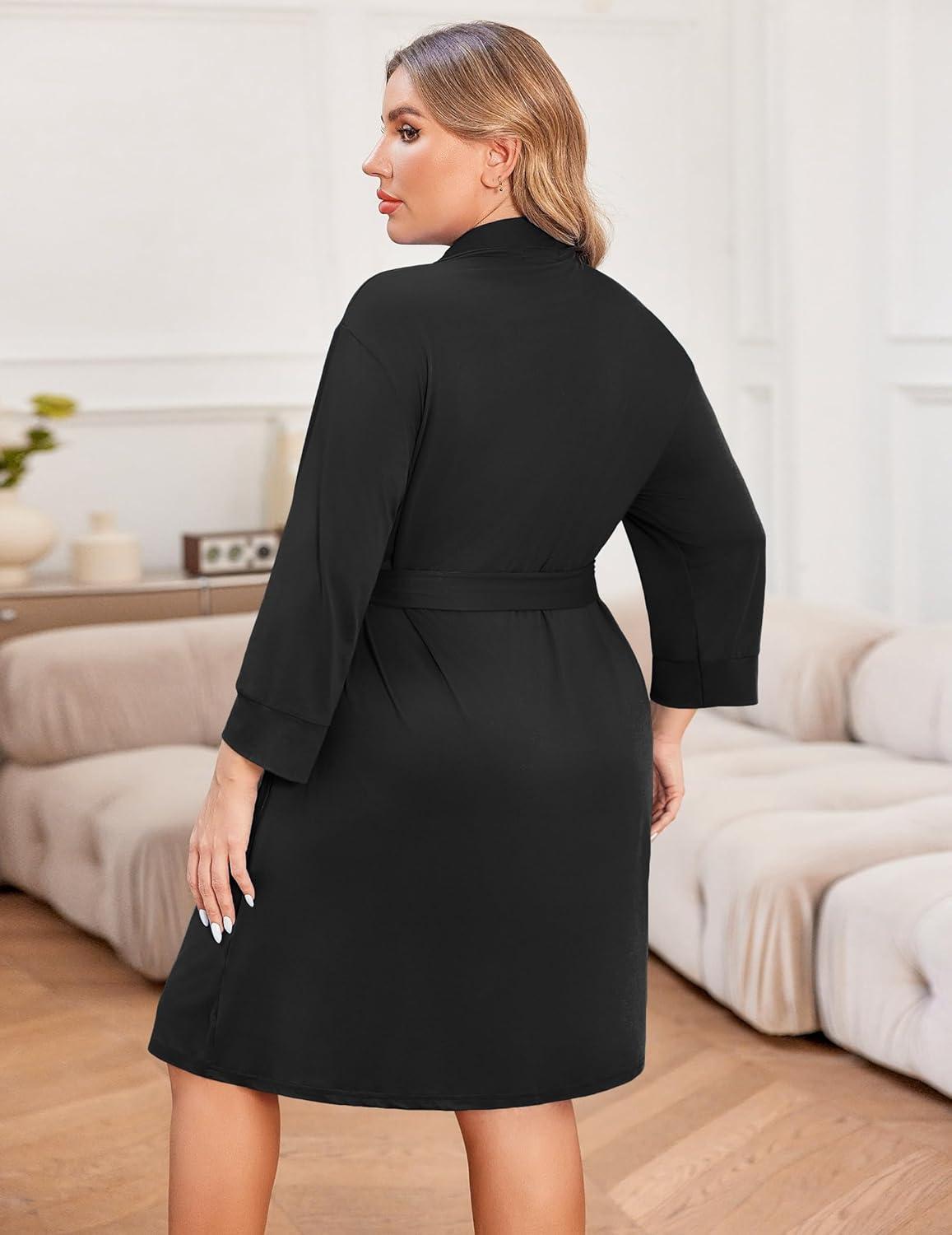imageEkouaer Women Plus Size Robe Knee Length Lightweight Bathrobe Short Kimono Robes with Pockets Maternity Robe 1X5XBlack