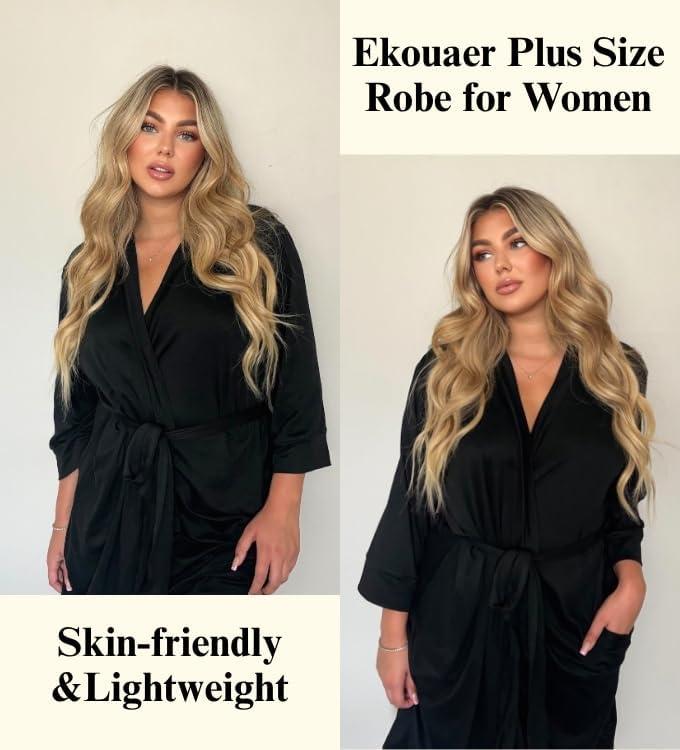 imageEkouaer Women Plus Size Robe Knee Length Lightweight Bathrobe Short Kimono Robes with Pockets Maternity Robe 1X5XBlack