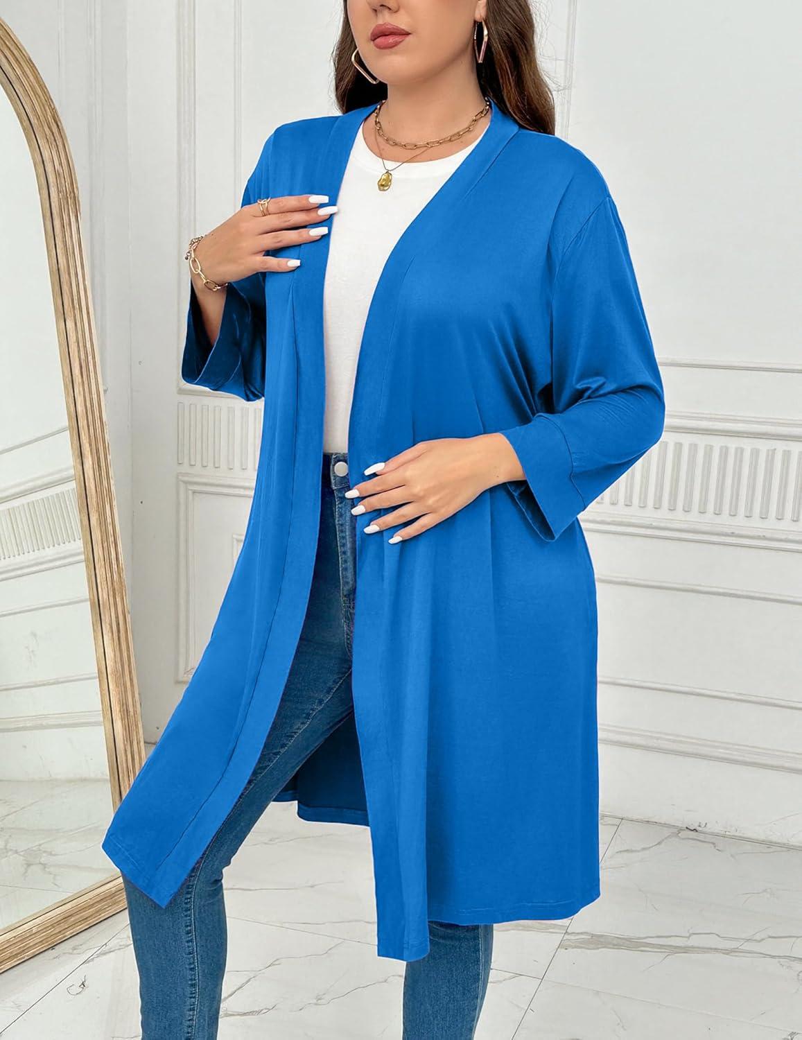 imageEkouaer Women Plus Size Robe Knee Length Lightweight Bathrobe Short Kimono Robes with Pockets Maternity Robe 1X5XBlue