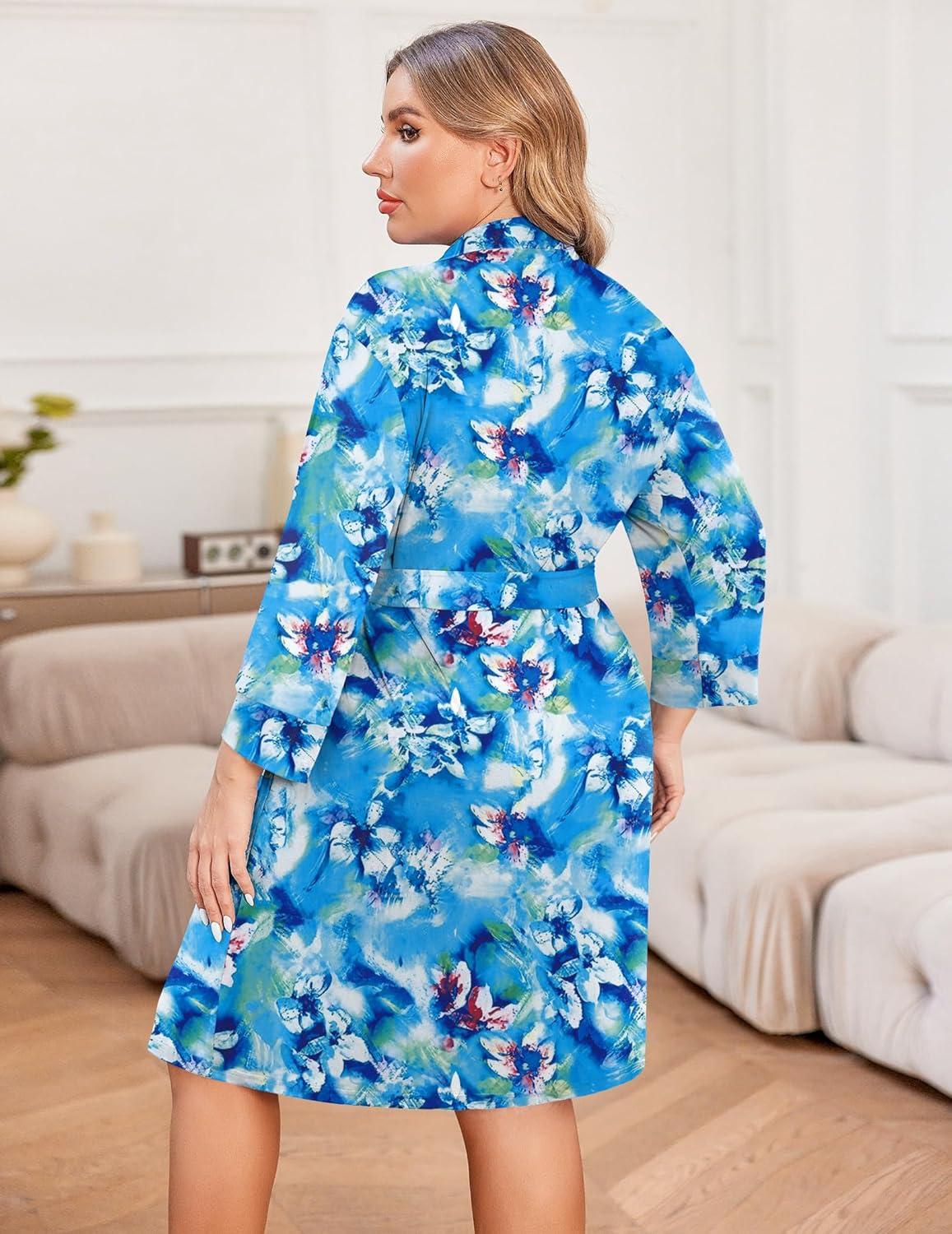 imageEkouaer Women Plus Size Robe Knee Length Lightweight Bathrobe Short Kimono Robes with Pockets Maternity Robe 1X5XBlue Fower