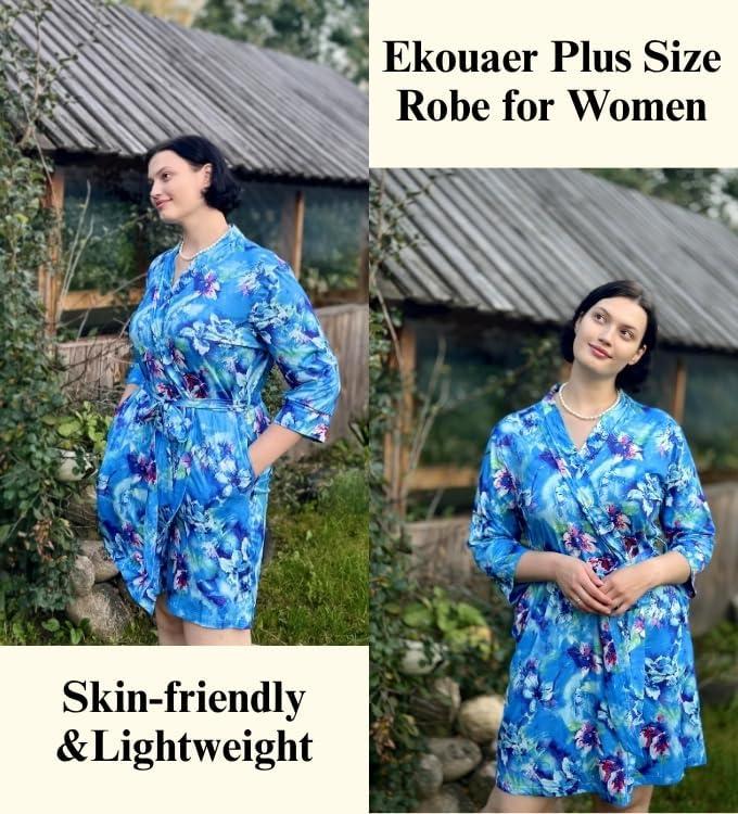 imageEkouaer Women Plus Size Robe Knee Length Lightweight Bathrobe Short Kimono Robes with Pockets Maternity Robe 1X5XBlue Fower