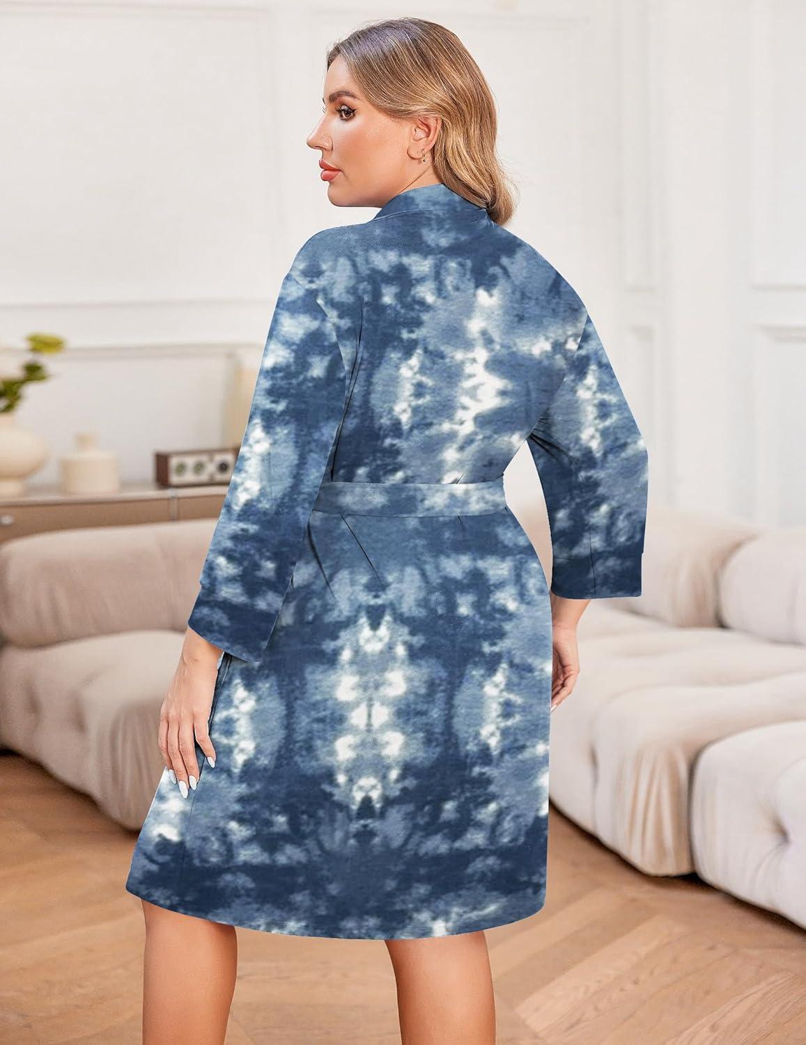 imageEkouaer Women Plus Size Robe Knee Length Lightweight Bathrobe Short Kimono Robes with Pockets Maternity Robe 1X5XBlue Tie Dye