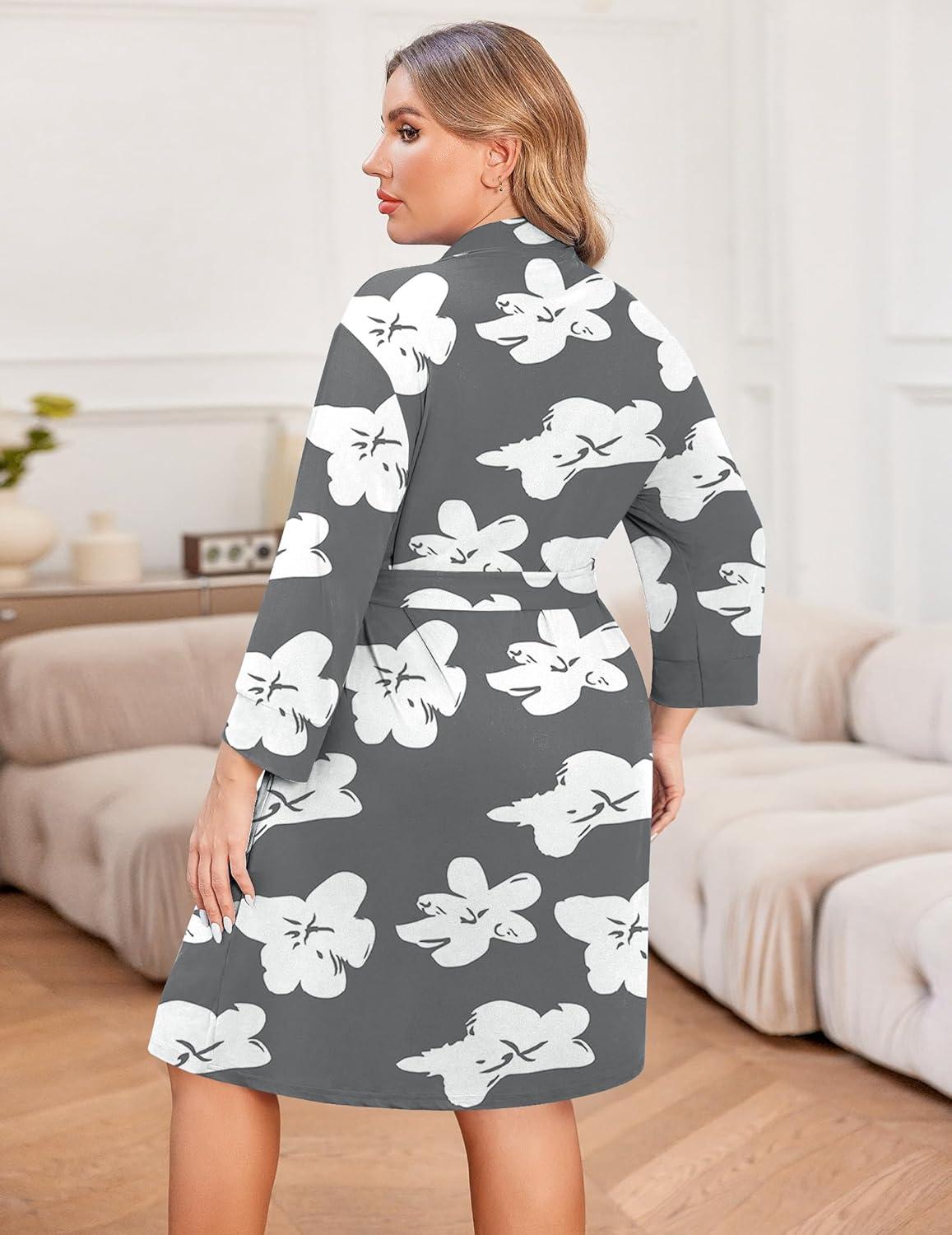 imageEkouaer Women Plus Size Robe Knee Length Lightweight Bathrobe Short Kimono Robes with Pockets Maternity Robe 1X5XFloral Gray