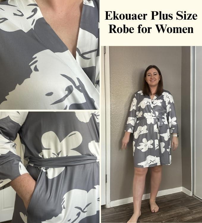 imageEkouaer Women Plus Size Robe Knee Length Lightweight Bathrobe Short Kimono Robes with Pockets Maternity Robe 1X5XFloral Gray