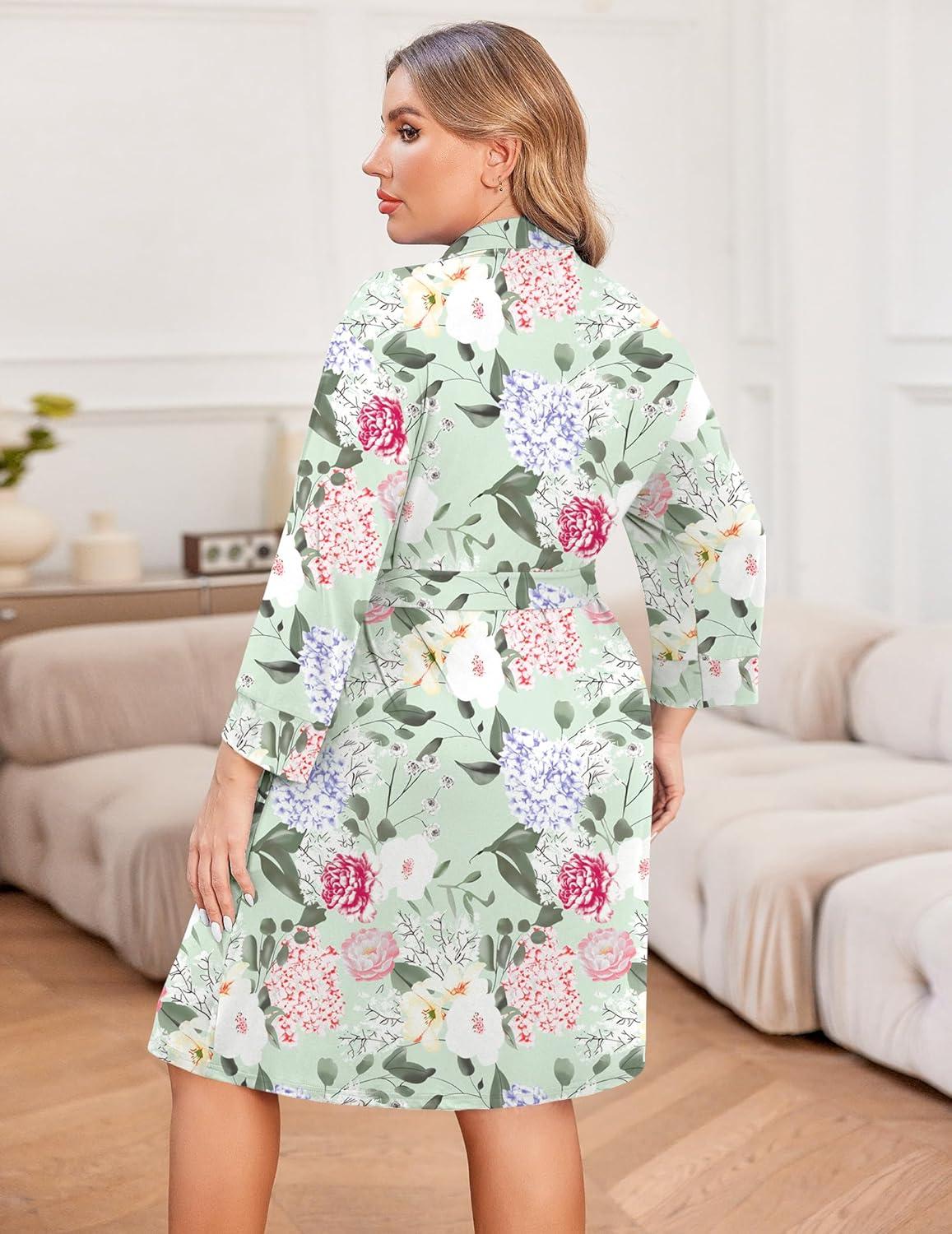 imageEkouaer Women Plus Size Robe Knee Length Lightweight Bathrobe Short Kimono Robes with Pockets Maternity Robe 1X5XGreen Flower