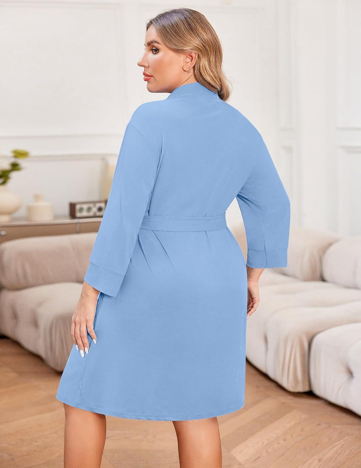 imageEkouaer Women Plus Size Robe Knee Length Lightweight Bathrobe Short Kimono Robes with Pockets Maternity Robe 1X5XLight Blue