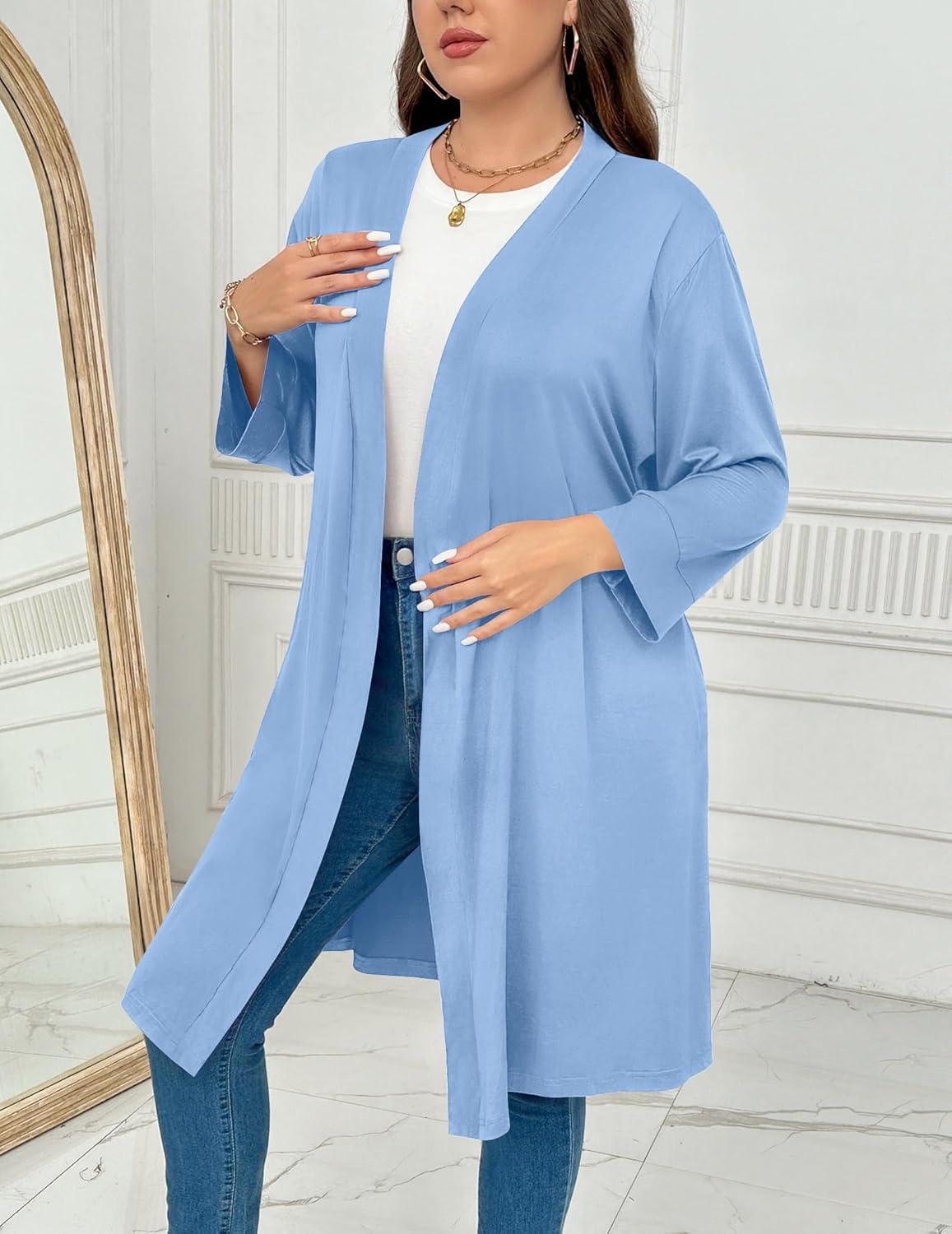 imageEkouaer Women Plus Size Robe Knee Length Lightweight Bathrobe Short Kimono Robes with Pockets Maternity Robe 1X5XLight Blue