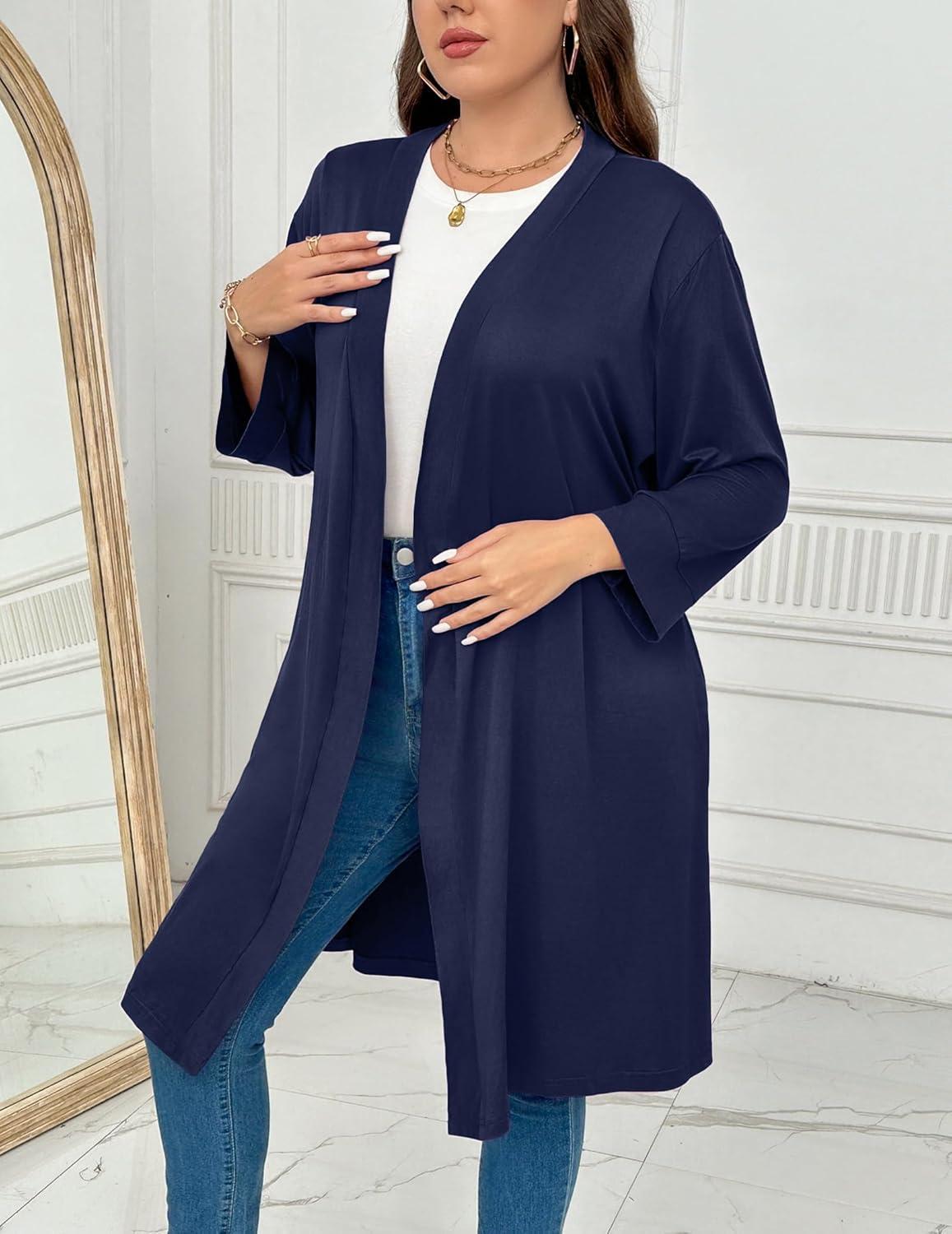 imageEkouaer Women Plus Size Robe Knee Length Lightweight Bathrobe Short Kimono Robes with Pockets Maternity Robe 1X5XNavy