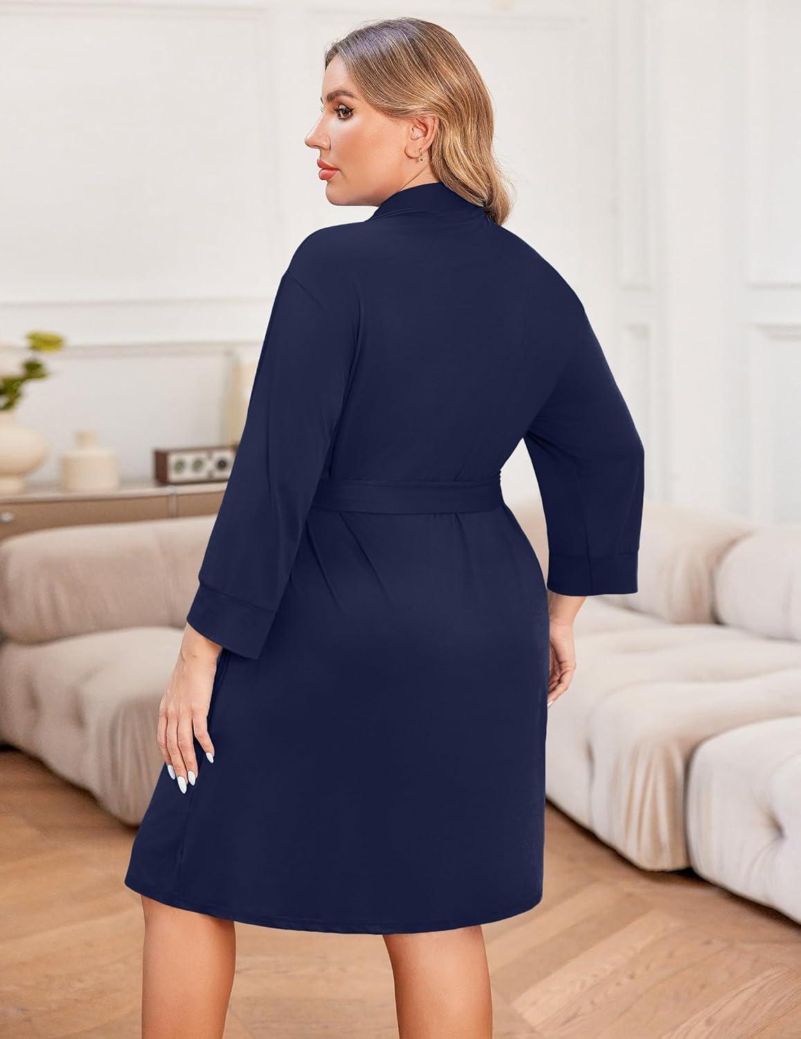 imageEkouaer Women Plus Size Robe Knee Length Lightweight Bathrobe Short Kimono Robes with Pockets Maternity Robe 1X5XNavy