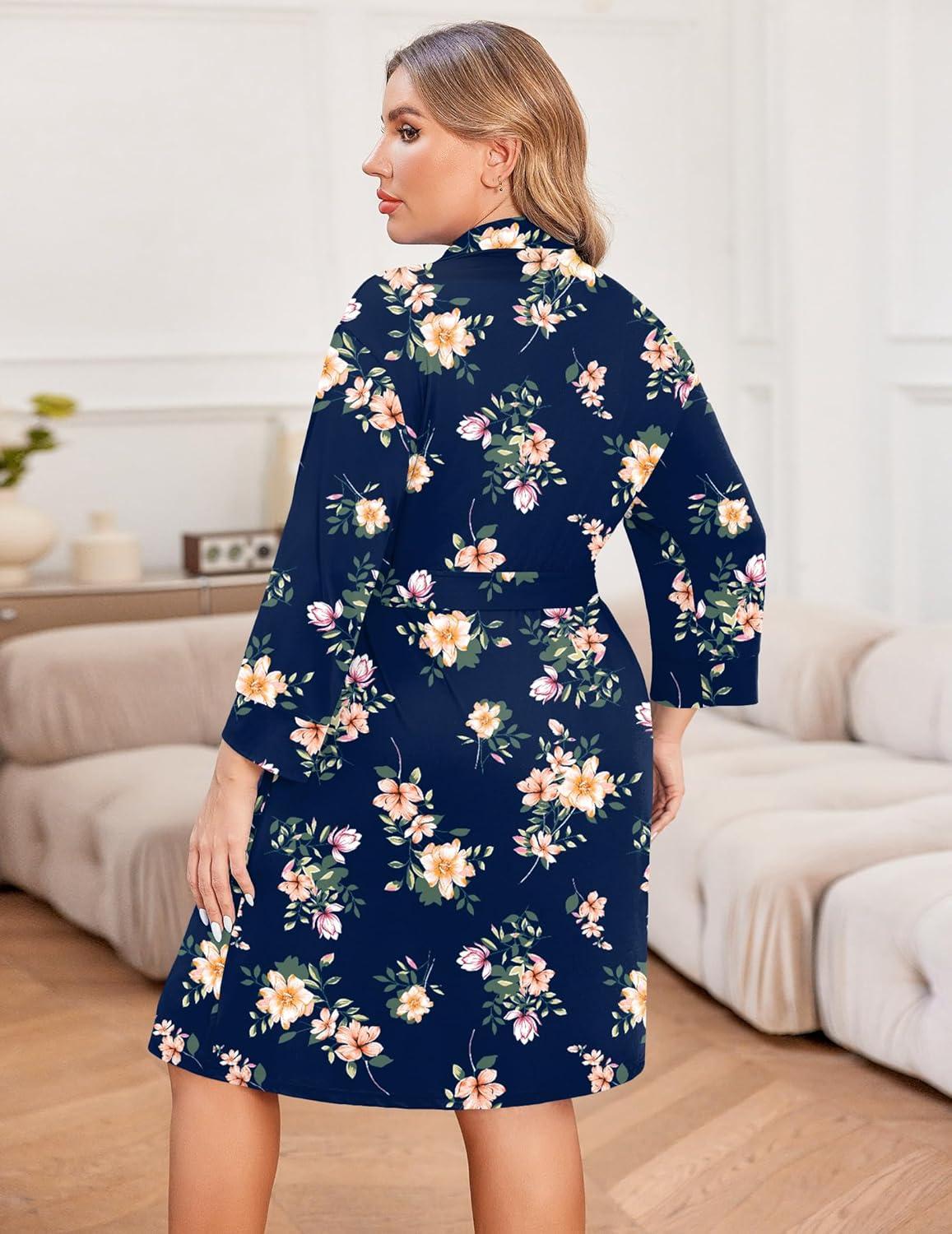 imageEkouaer Women Plus Size Robe Knee Length Lightweight Bathrobe Short Kimono Robes with Pockets Maternity Robe 1X5XNavy Floral