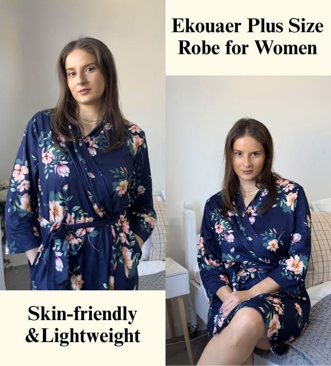imageEkouaer Women Plus Size Robe Knee Length Lightweight Bathrobe Short Kimono Robes with Pockets Maternity Robe 1X5XNavy Floral