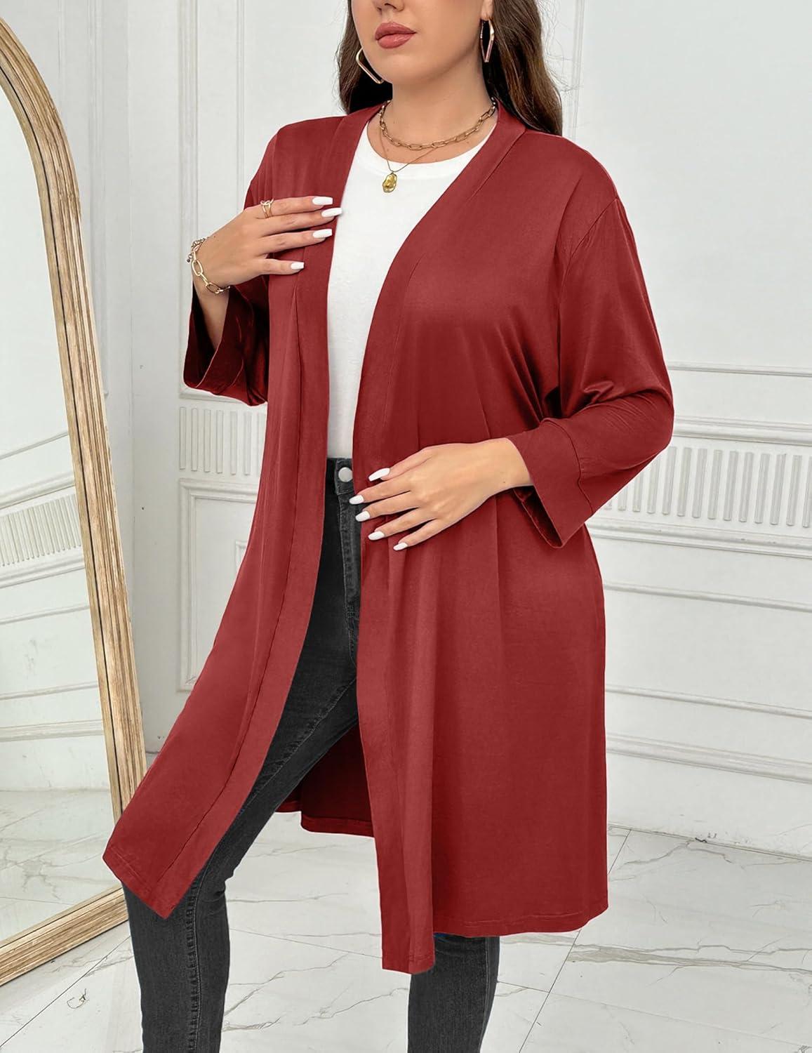 imageEkouaer Women Plus Size Robe Knee Length Lightweight Bathrobe Short Kimono Robes with Pockets Maternity Robe 1X5XRed