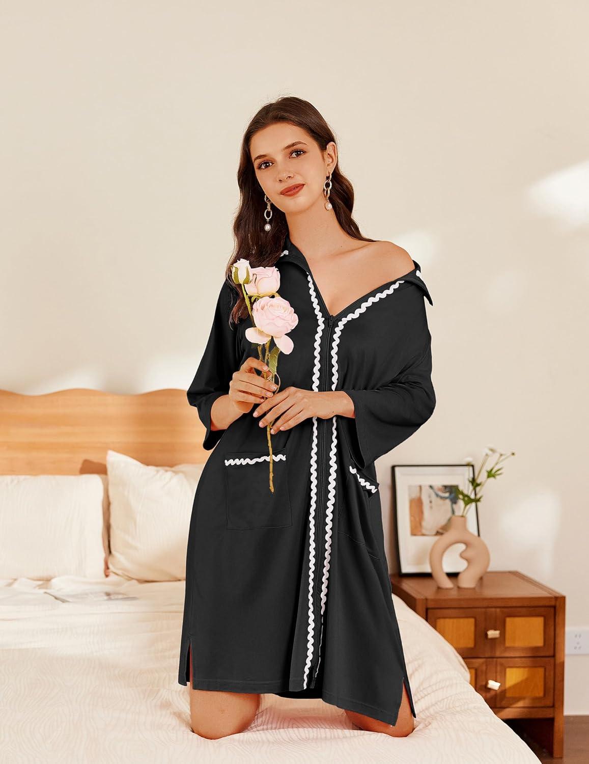 imageEkouaer Women Zipper Robe Lightweight House Coat Zipper Front Short Bathrobes Soft Nightgown with Pockets S3XLBlack