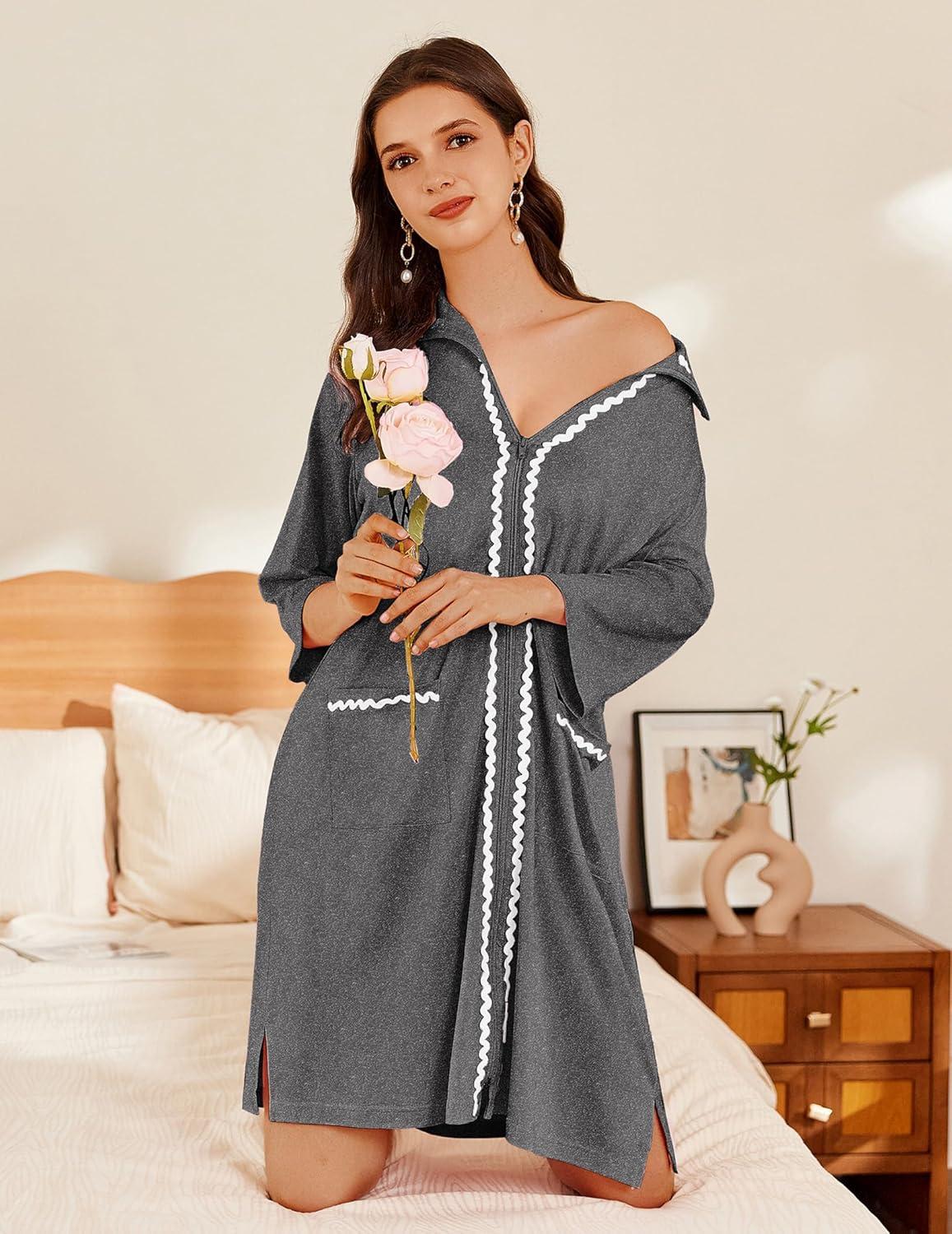 imageEkouaer Women Zipper Robe Lightweight House Coat Zipper Front Short Bathrobes Soft Nightgown with Pockets S3XLDark Grey