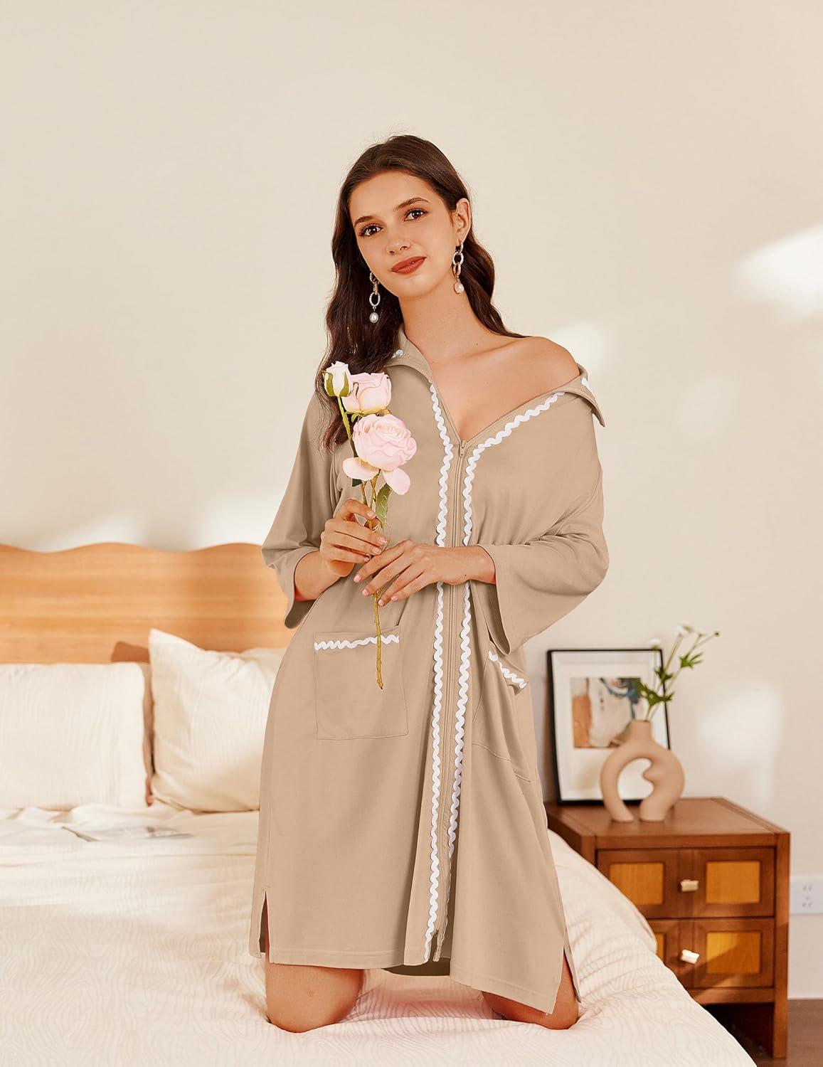 imageEkouaer Women Zipper Robe Lightweight House Coat Zipper Front Short Bathrobes Soft Nightgown with Pockets S3XLKhaki
