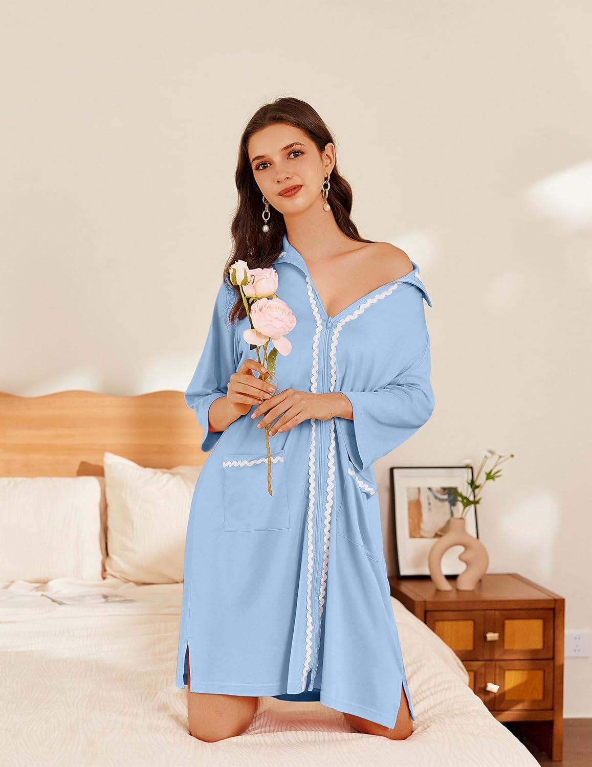 imageEkouaer Women Zipper Robe Lightweight House Coat Zipper Front Short Bathrobes Soft Nightgown with Pockets S3XLLight Blue